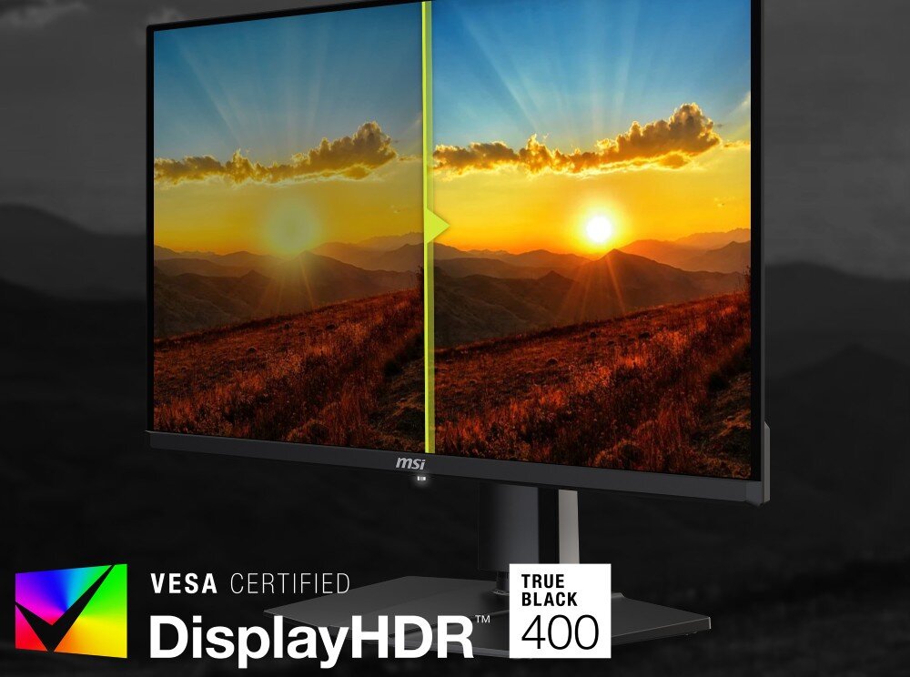 Monitor wyświetla obraz zachodu słońca nad górami, podzielony na dwie części z różnym poziomem jasności. Na dole widoczne są logotypy: \'VESA CERTIFIED DisplayHDR\' oraz \'TRUE BLACK 400\'.