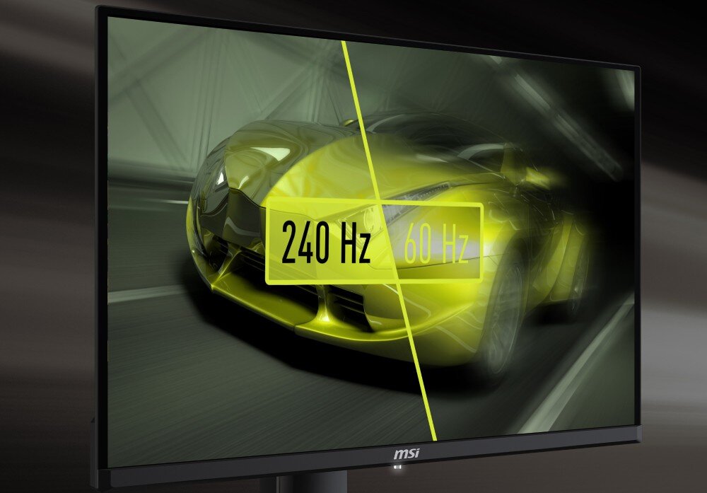 Monitor MSI wyświetla obraz samochodu z podziałem na częstotliwości odświeżania 240 Hz i 60 Hz. Na dole ekranu widoczne jest logo \'msi\'.