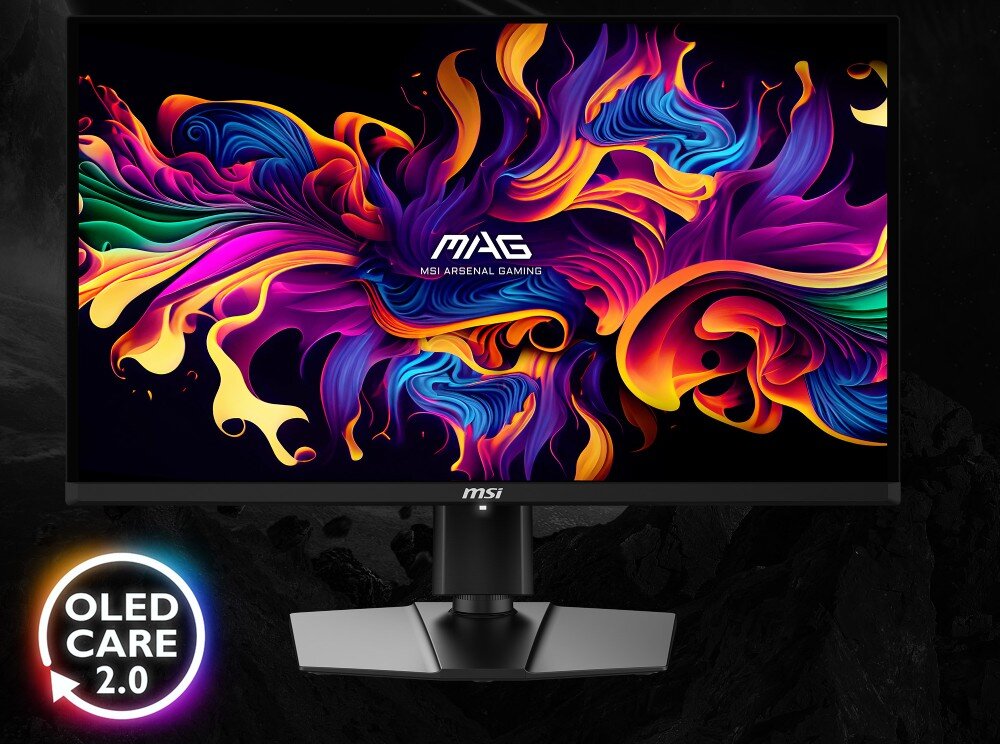 Monitor z wyświetlaczem prezentującym kolorowy, abstrakcyjny wzór. Na ekranie widoczny jest napis \'MAG MSI ARSENAL GAMING\', a poniżej logo \'msi\'.