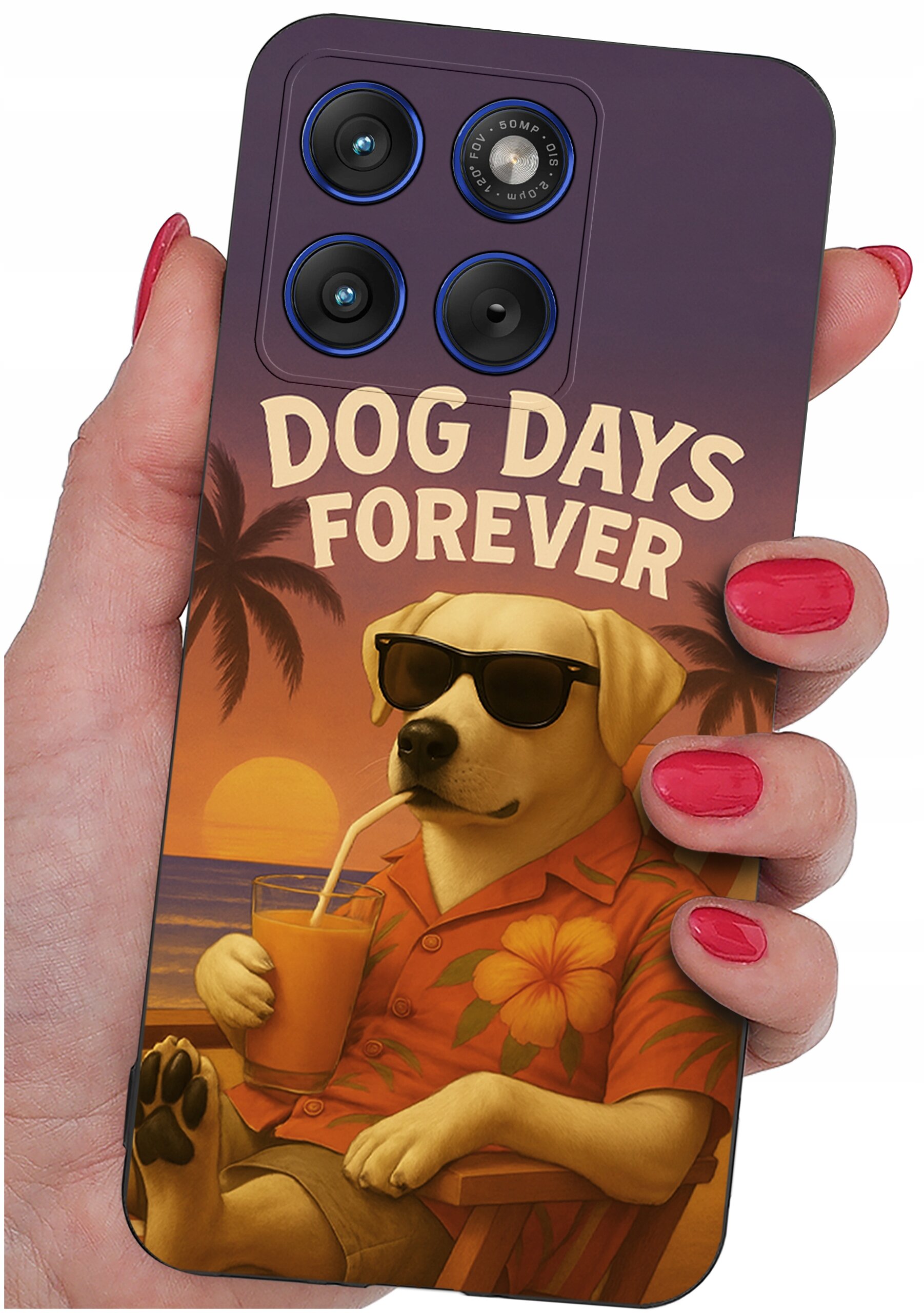 Etui na telefon z grafiką psa w okularach przeciwsłonecznych, trzymającego napój z napisem \'DOG DAYS FOREVER\'. W tle widoczne są palmy i zachód słońca.
