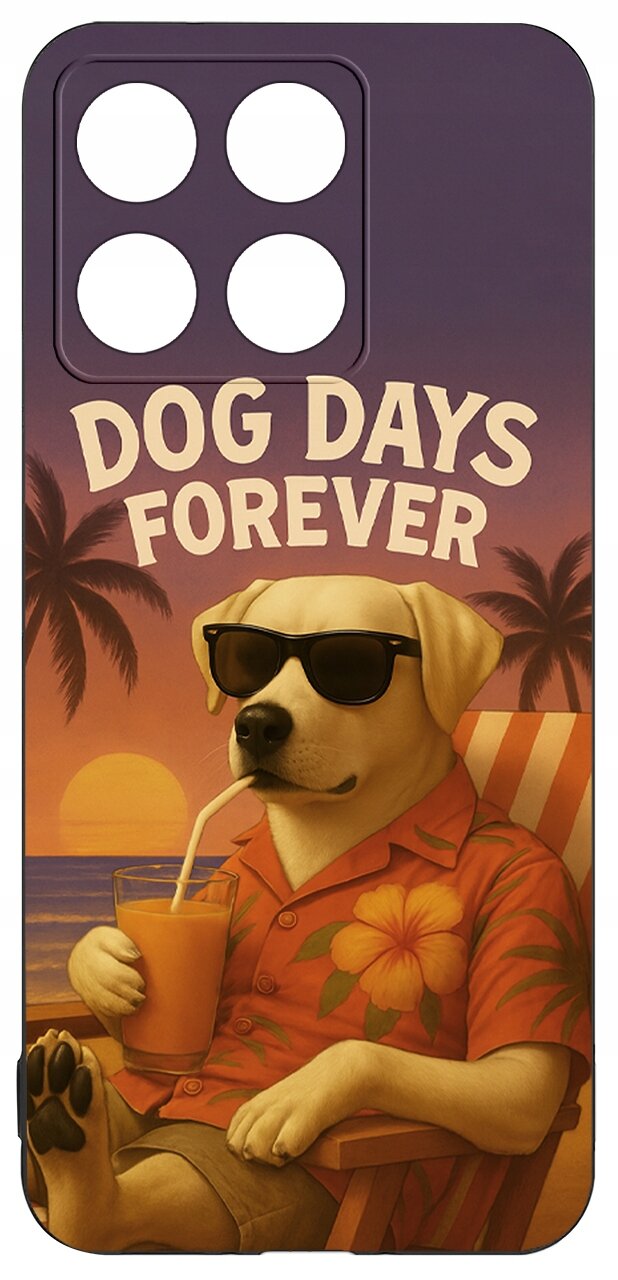 Etui przedstawia psa w okularach przeciwsłonecznych, siedzącego na leżaku z napojem w ręku, na tle zachodzącego słońca i palm. Widoczny jest napis \'DOG DAYS FOREVER\'.