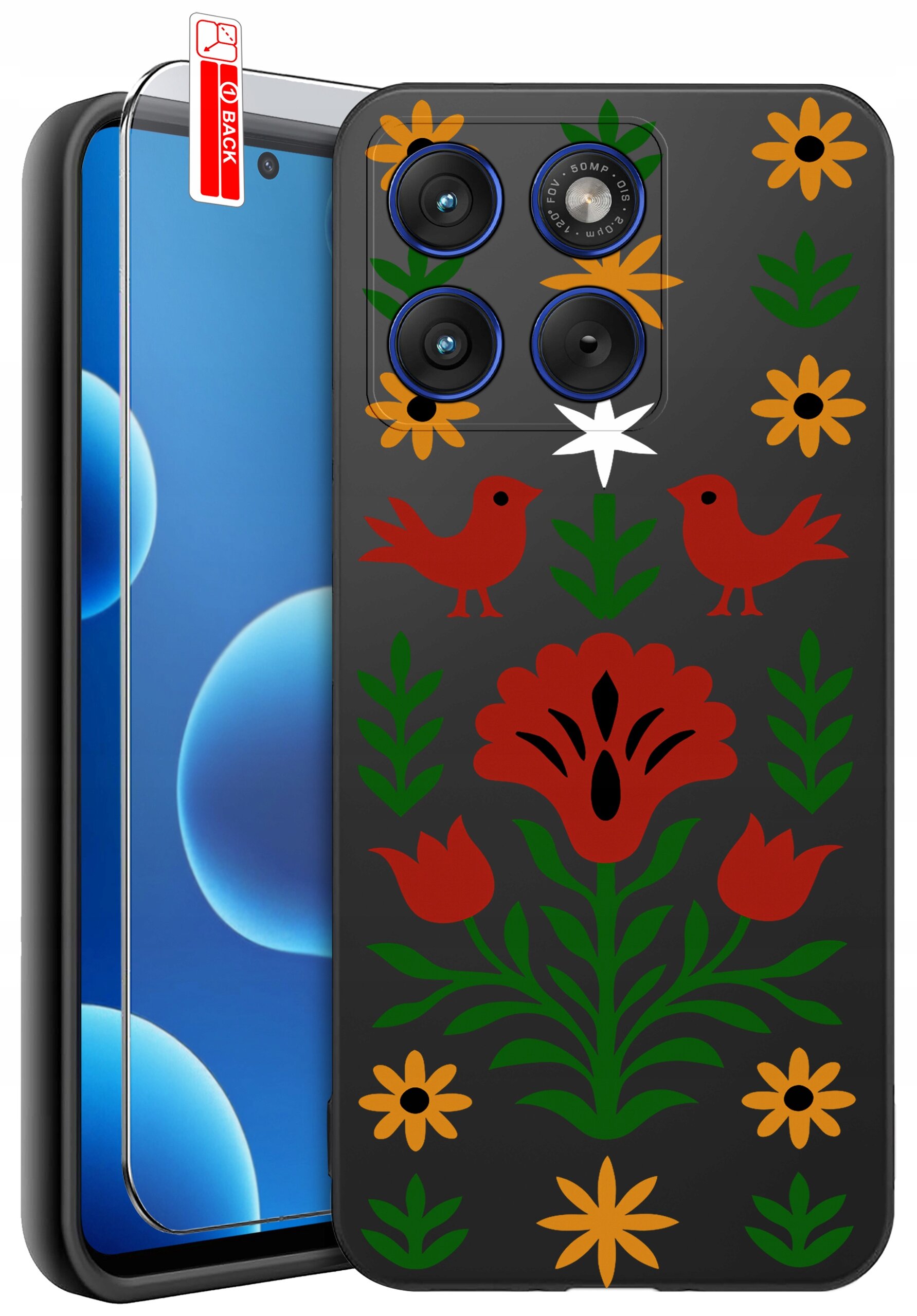 Etui na telefon z kolorowym wzorem kwiatów i ptaków, obok widoczne szkło ochronne z napisem \'BACK\'.