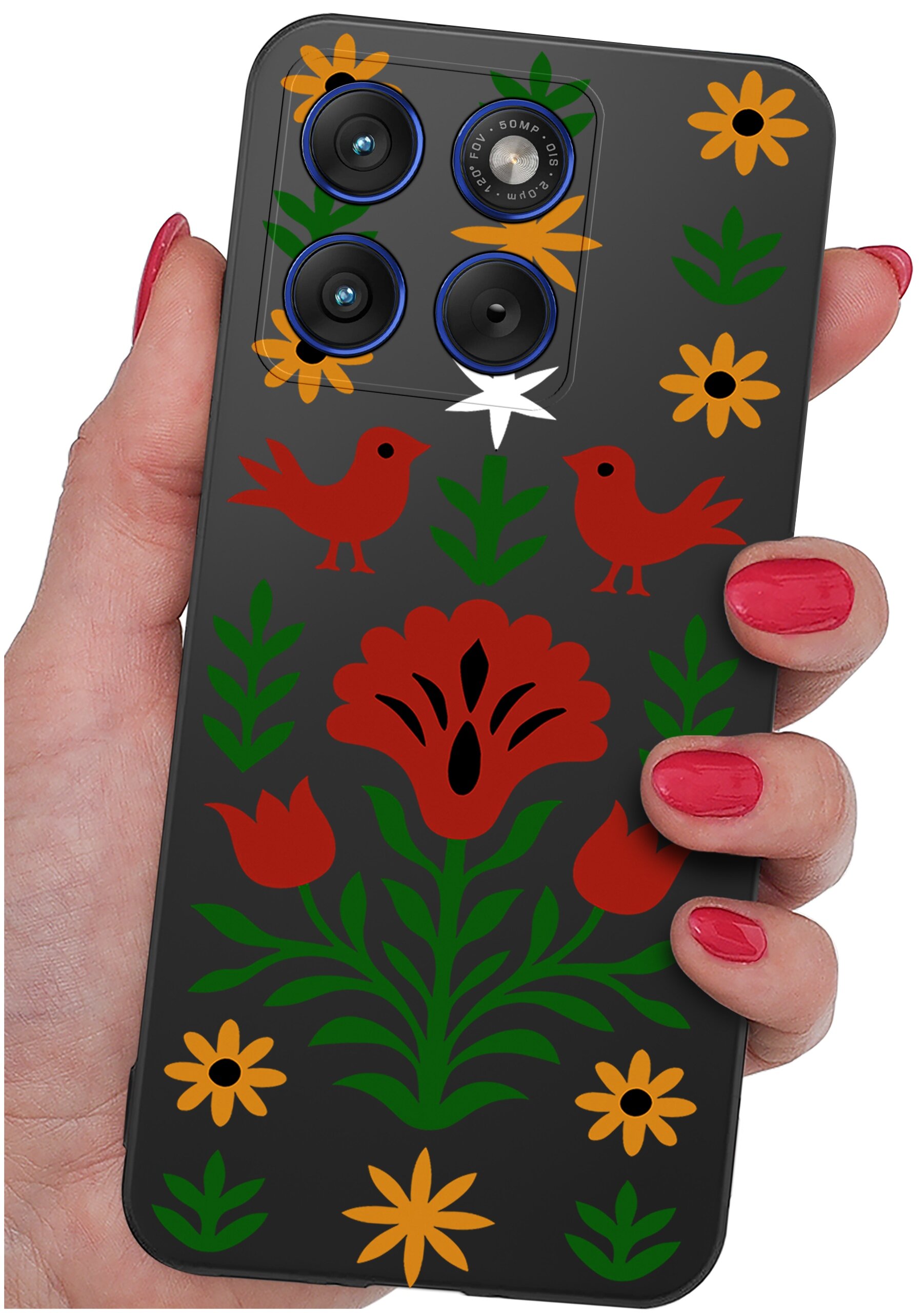 Etui na telefon z kolorowym wzorem kwiatów i ptaków, trzymane w dłoni z pomalowanymi na czerwono paznokciami. Widać trzy obiektywy aparatu oraz napis \'50 MP OIS\'.