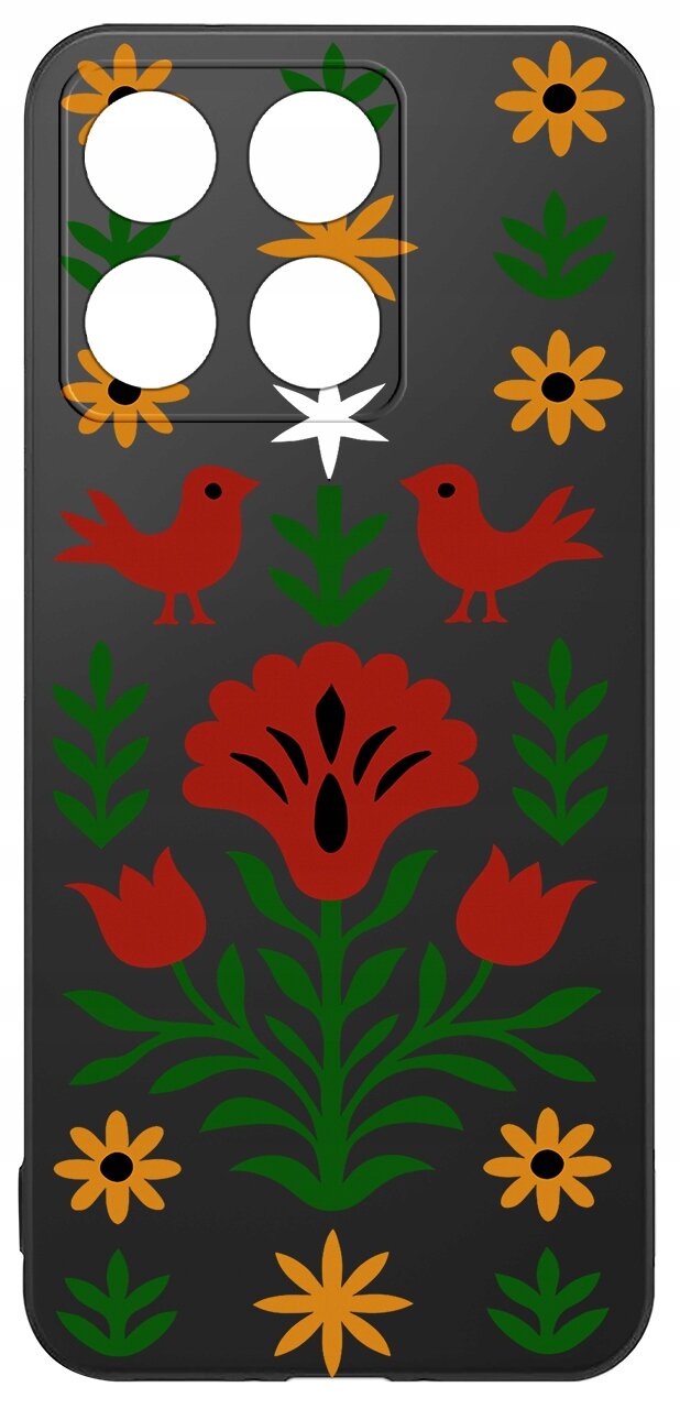 Etui na telefon z kolorowym wzorem kwiatów i ptaków na czarnym tle, z wycięciami na cztery obiektywy aparatu.