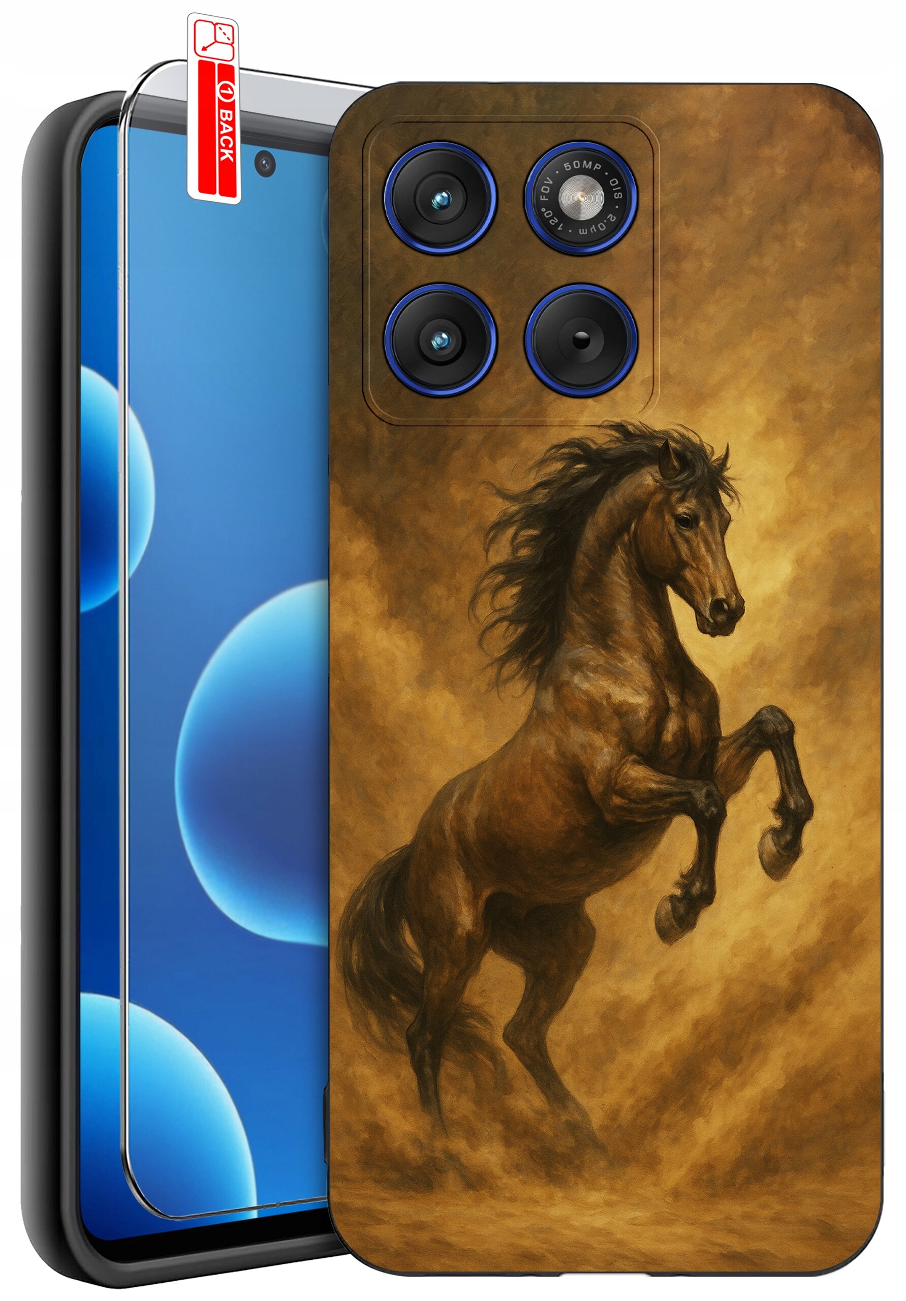 Etui na telefon z grafiką przedstawiającą konia w dynamicznej pozie na tle brązowych chmur. Obok widoczna jest ochrona ekranu z napisem \'BACK\'.