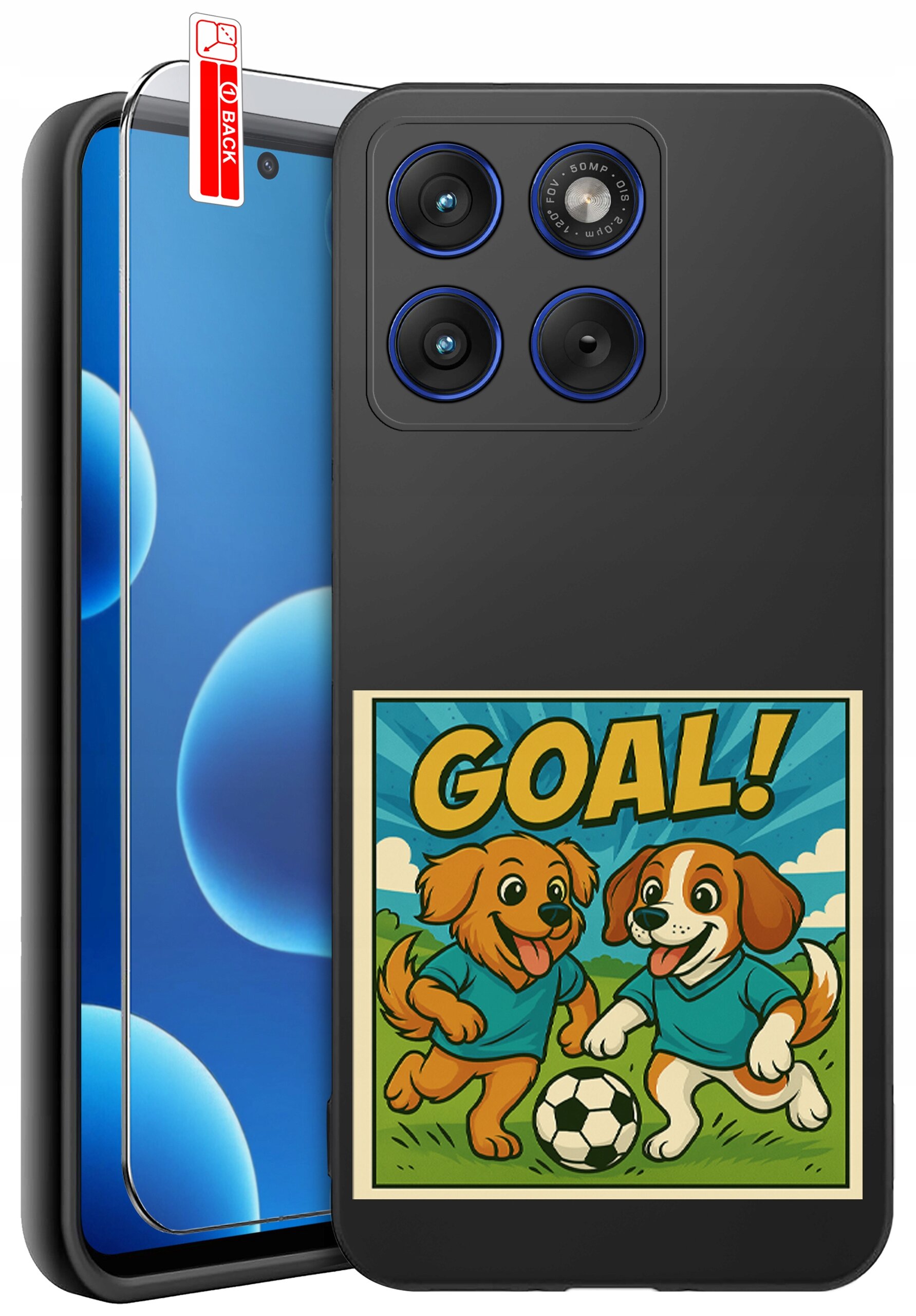 Etui na telefon z grafiką przedstawiającą dwa psy w koszulkach grające w piłkę, z napisem \'GOAL!\'. Obok etui znajduje się szkło ochronne z oznaczeniem \'BACK\'.