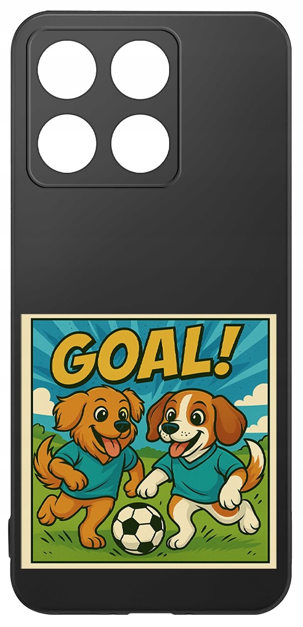 Czarne etui na telefon z grafiką przedstawiającą dwa rysunkowe psy w niebieskich koszulkach, bawiące się piłką na tle nieba i trawy. Nad nimi widnieje napis \'GOAL!\'.