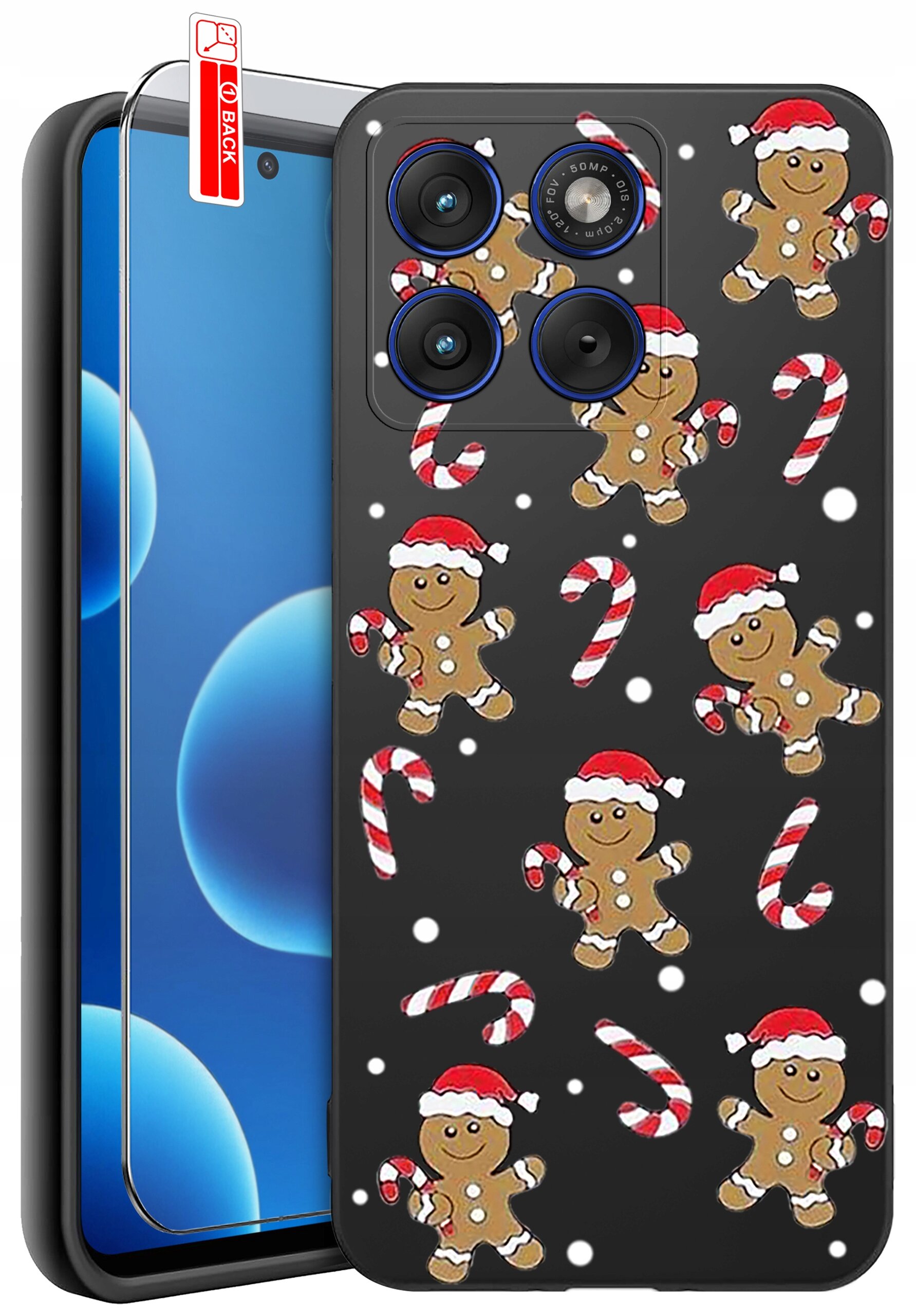 Etui na telefon z motywem piernikowych ludzików w czapkach świątecznych i cukrowych lasek na czarnym tle. Obok etui znajduje się szkło ochronne z naklejką \'BACK\'.