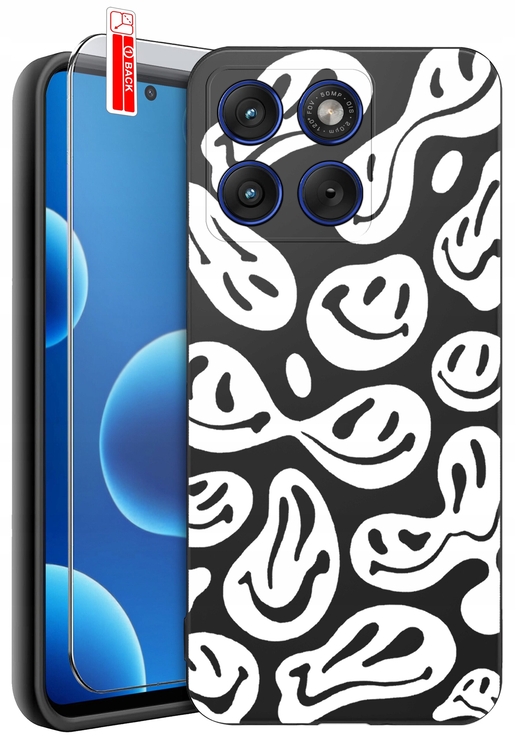 Obraz przedstawia telefon z nałożonym etui o czarno-białym wzorze z abstrakcyjnymi kształtami. Obok telefonu znajduje się szkło ochronne z napisem \'BACK\'.