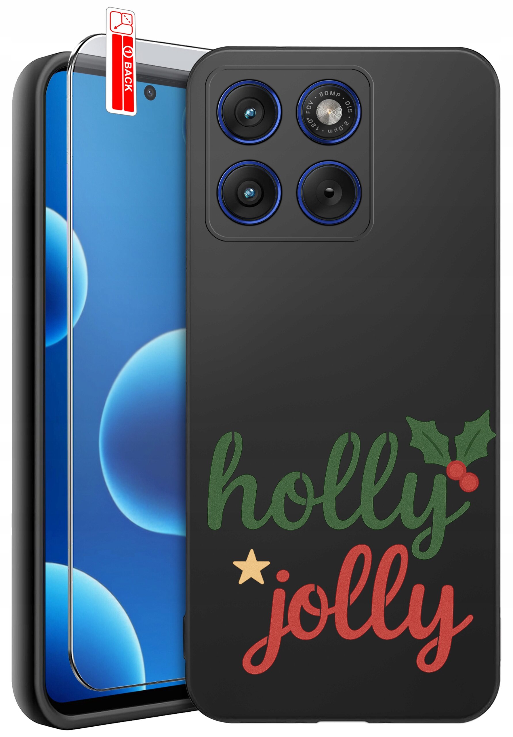 Na obrazie widoczne jest czarne etui na telefon z napisem \'holly jolly\' oraz grafiką liści ostrokrzewu. Obok etui znajduje się szkło ochronne z oznaczeniem \'BACK\'.
