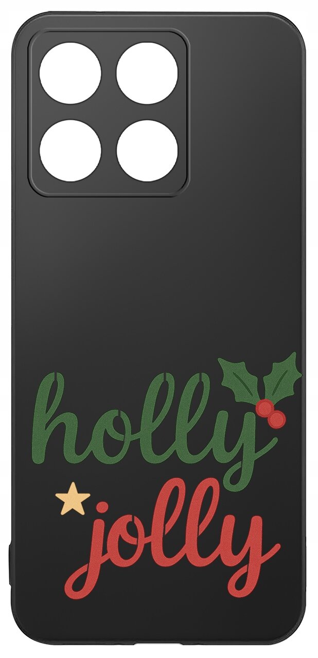 Czarne etui z napisem \'holly jolly\' w kolorach zielonym i czerwonym oraz grafiką liści ostrokrzewu z czerwonymi jagodami.
