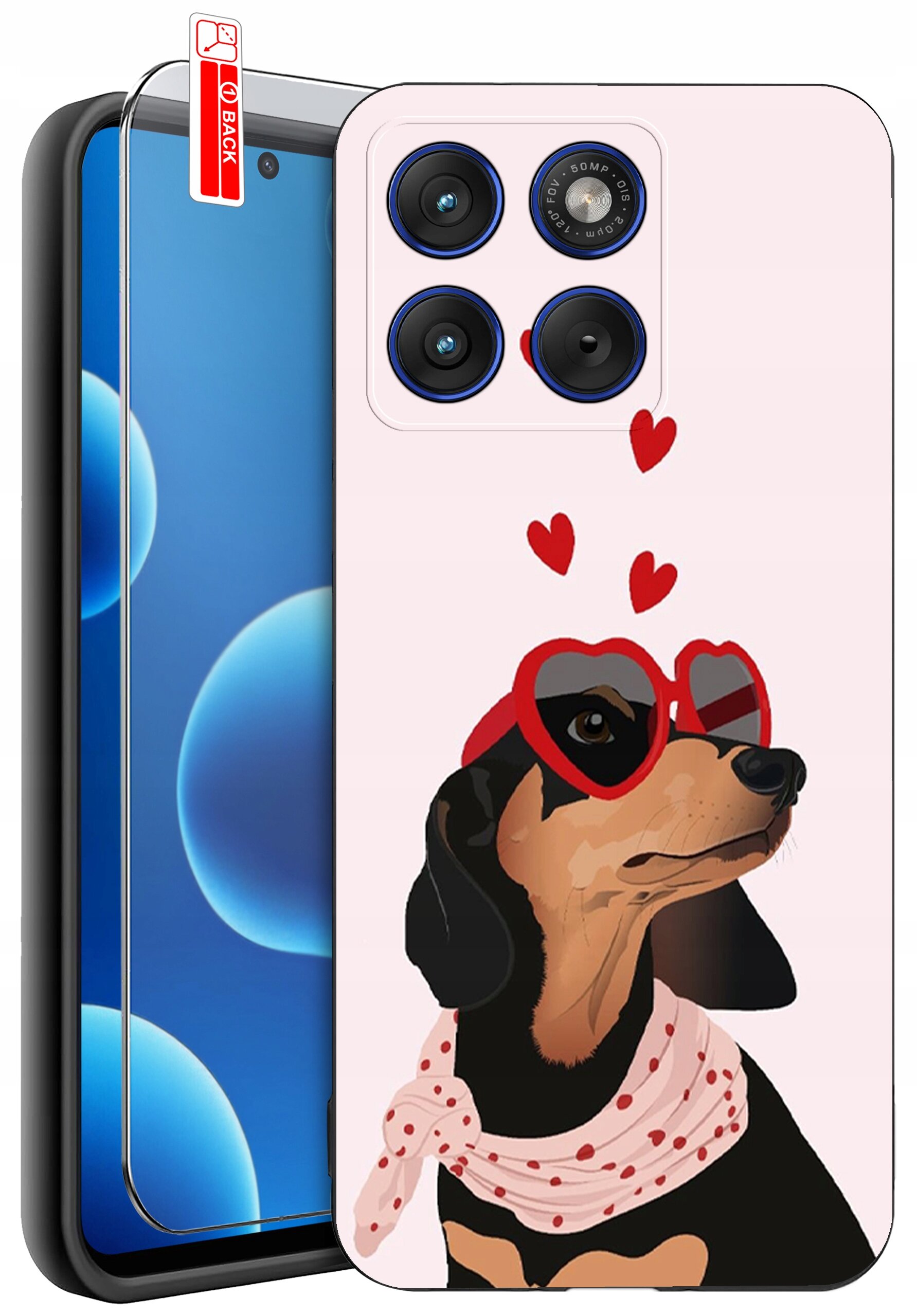 Etui na telefon z grafiką psa w czerwonych okularach w kształcie serc i szaliku w kropki. Obok etui znajduje się szkło ochronne z napisem \'BACK\'.
