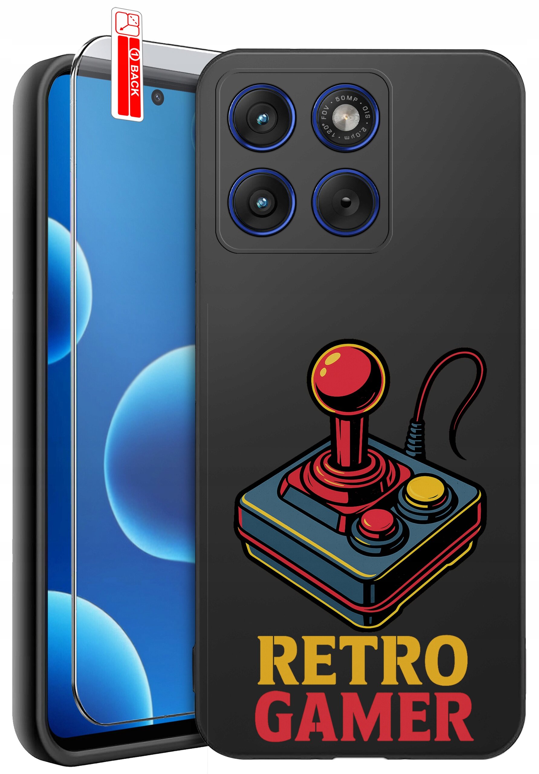 Etui na telefon z grafiką joysticka i napisem \'RETRO GAMER\'. Obok etui znajduje się szkło ochronne z oznaczeniem \'BACK\'.