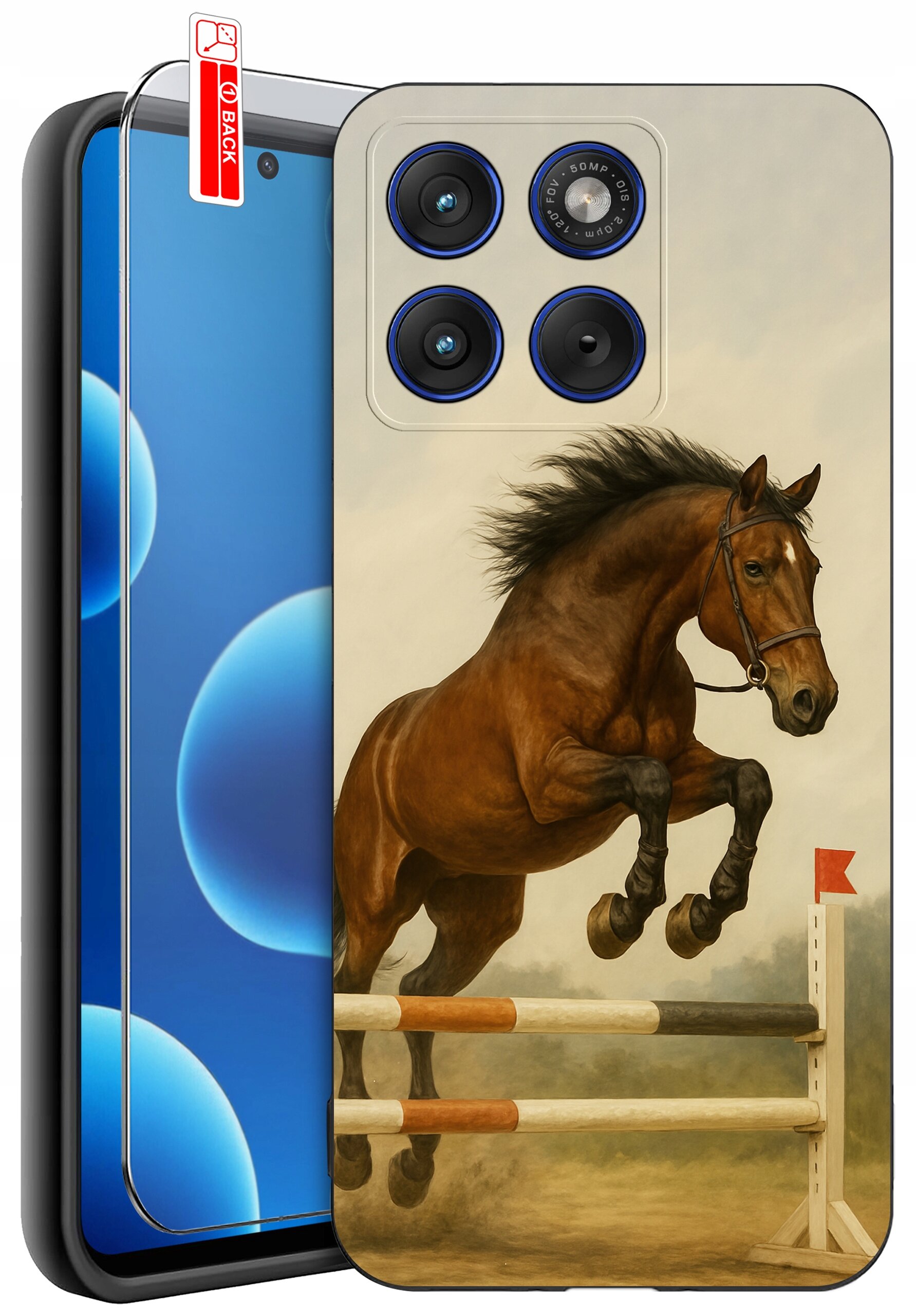 Etui na telefon z nadrukiem skaczącego konia nad przeszkodą. Obok widoczna jest ochrona ekranu z napisem \'BACK\'.