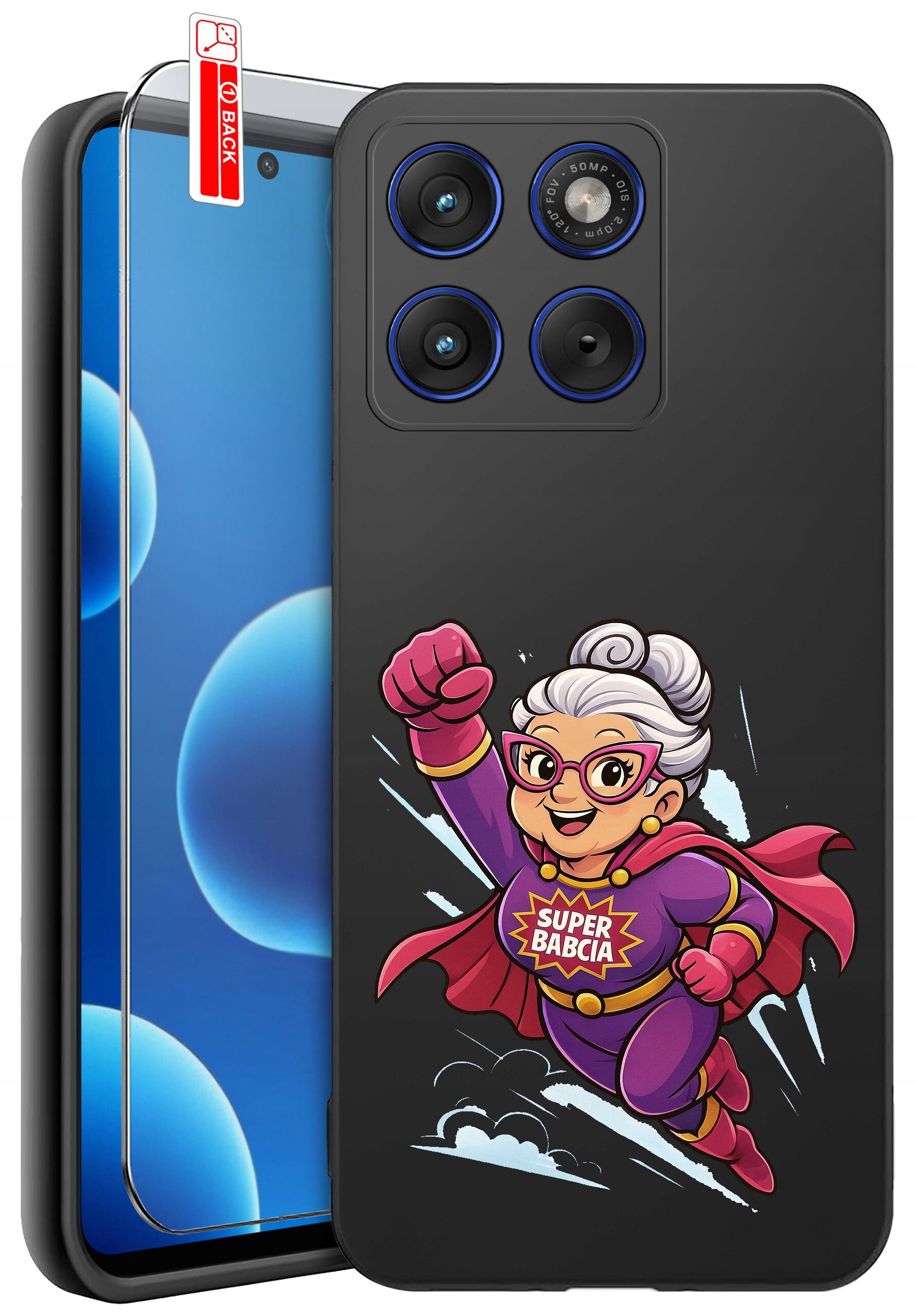 Czarne etui na telefon z kolorowym nadrukiem przedstawiającym postać w stroju superbohatera z napisem \'SUPER BABCIA\'. Obok etui znajduje się szkło ochronne z oznaczeniem \'BACK\'.