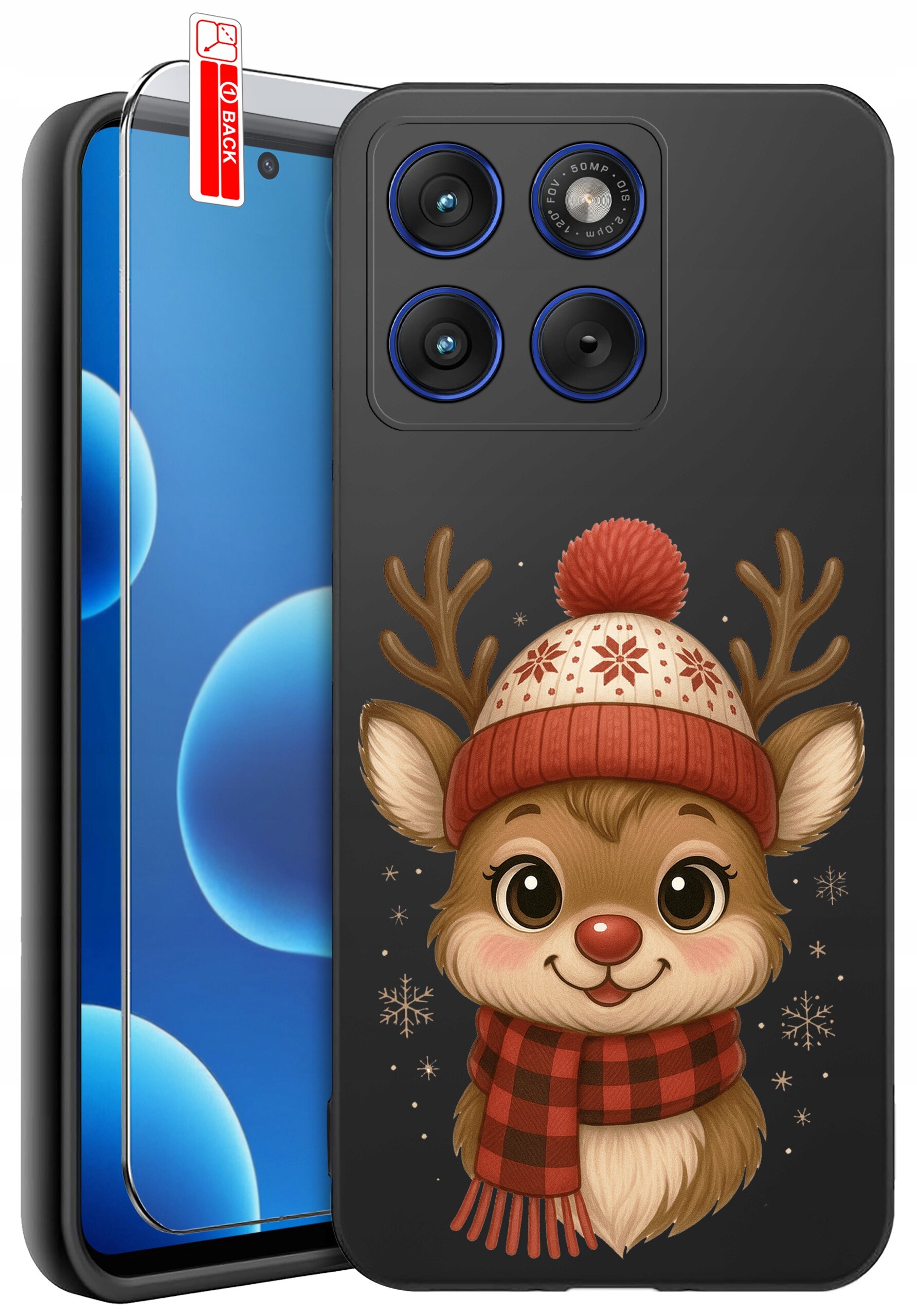 Etui na telefon z motywem renifera w czapce i szaliku, obok szkło ochronne z napisem \'BACK\'.