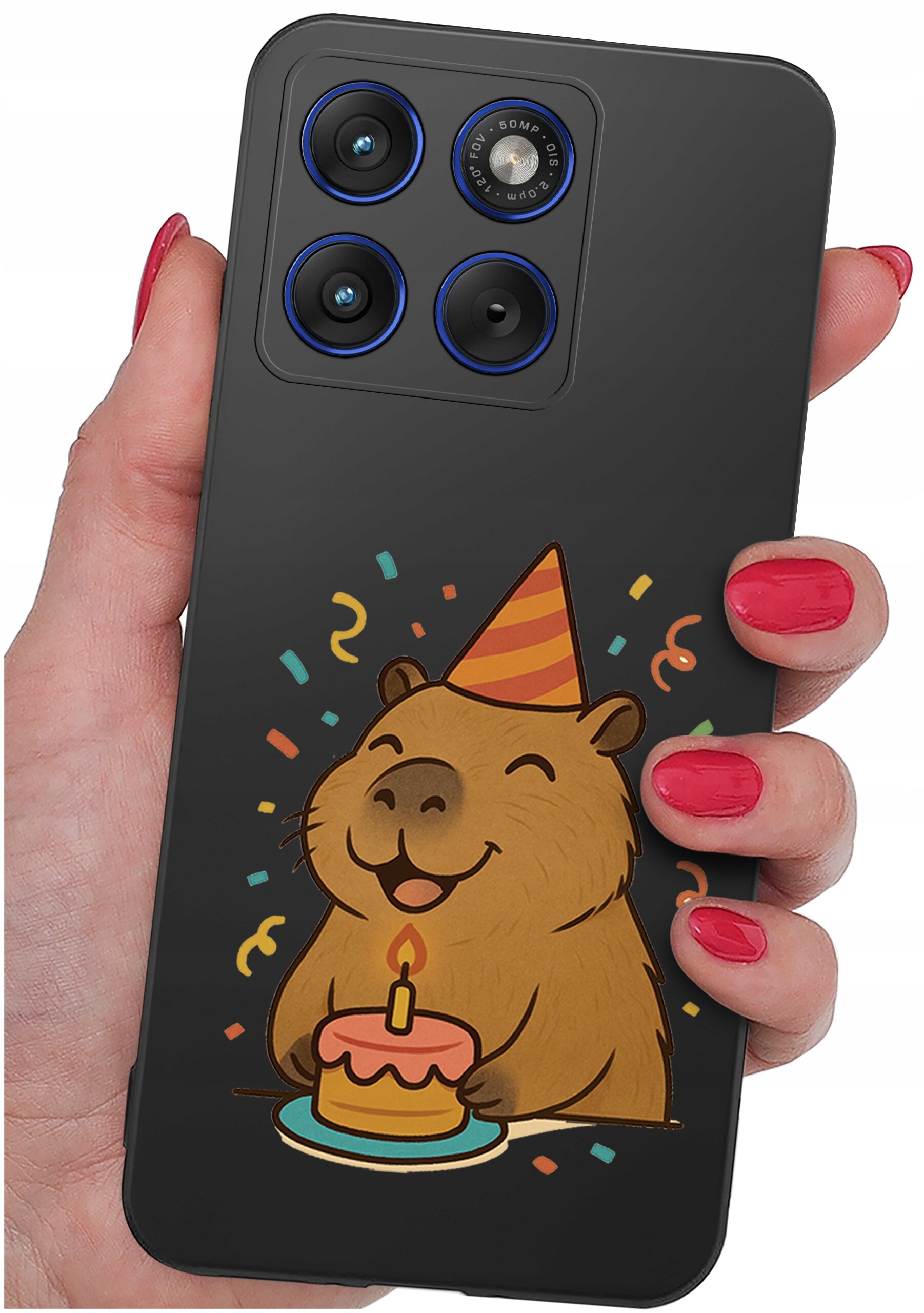 Etui na telefon z grafiką przedstawiającą uśmiechniętą kapibarę w czapeczce urodzinowej, trzymającą tort z zapaloną świeczką. W tle widoczne są kolorowe konfetti.