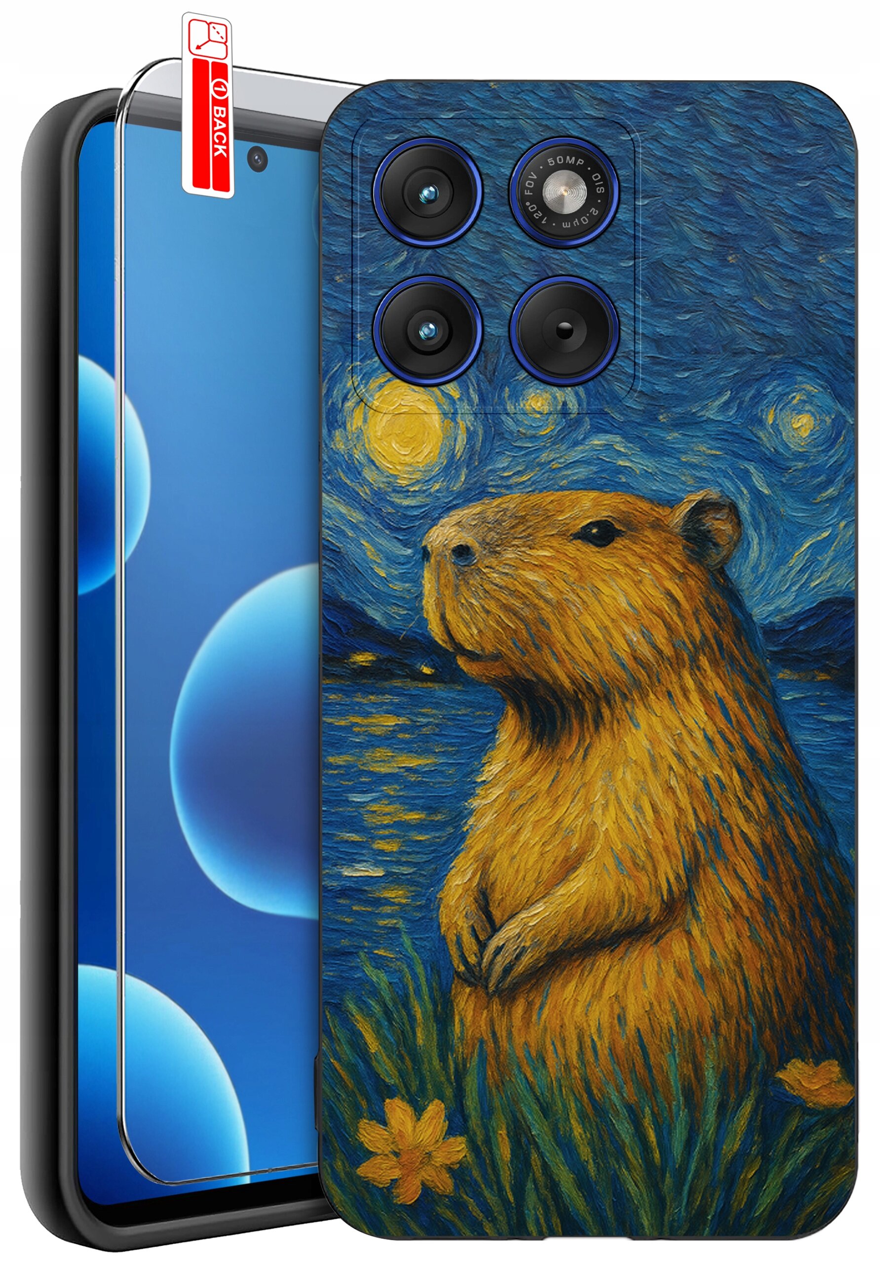 Etui na telefon z nadrukiem kapibary na tle nocnego nieba w stylu malarskim, z trzema widocznymi obiektywami aparatu. Obok znajduje się szkło ochronne z oznaczeniem \'BACK\'.