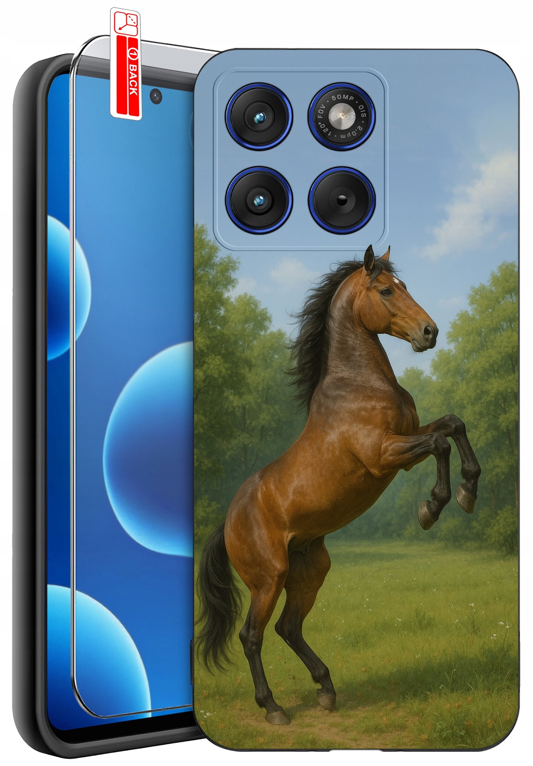 Etui na telefon z nadrukiem konia na tle zielonego krajobrazu. Obok widoczna jest ochrona ekranu z napisem \'BACK\'.