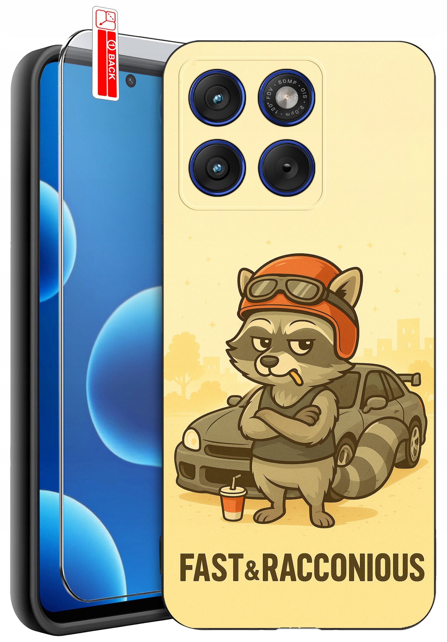 Etui na telefon z nadrukiem szopa w czerwonym kasku i okularach, stojącego przed samochodem. Na dole widnieje napis \'FAST & RACCONIOUS\'.