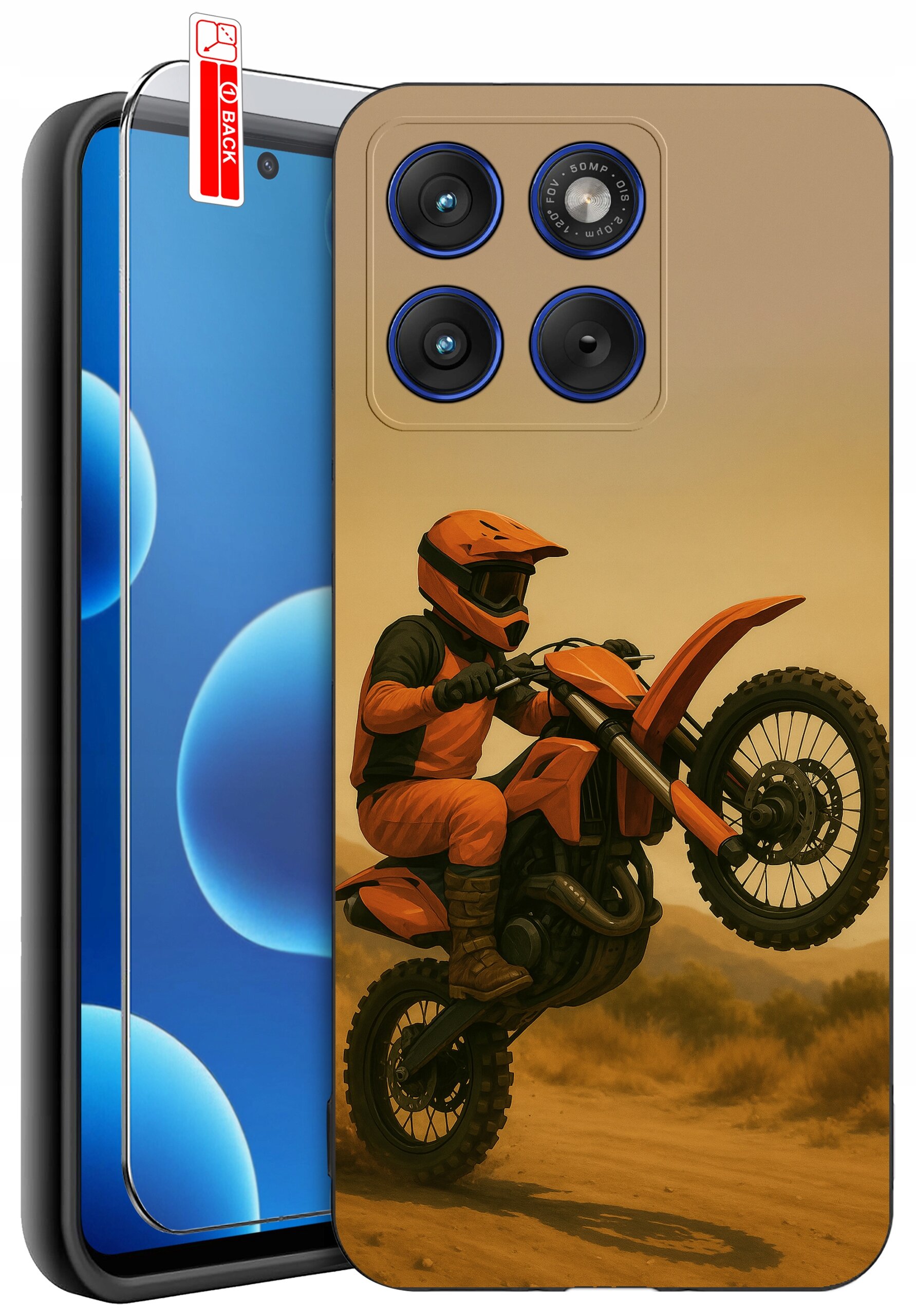 Etui na telefon z nadrukiem motocyklisty na motocyklu w pomarańczowym stroju, wykonującego akrobację na pustynnym tle. Obok widoczny jest telefon z niebieskim ekranem i szkłem ochronnym z napisem \'BACK\'.