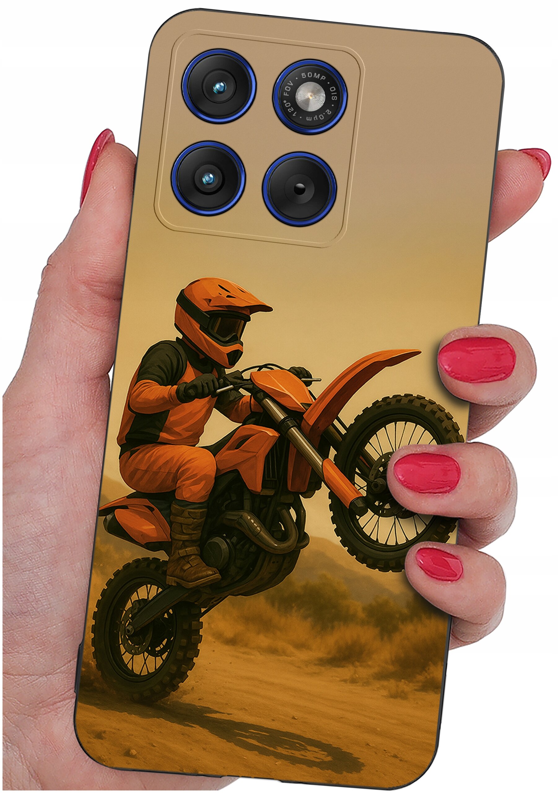 Etui na telefon z nadrukiem motocyklisty na motocyklu w pomarańczowym stroju. Widać także trzy obiektywy aparatu z niebieskimi obwódkami.