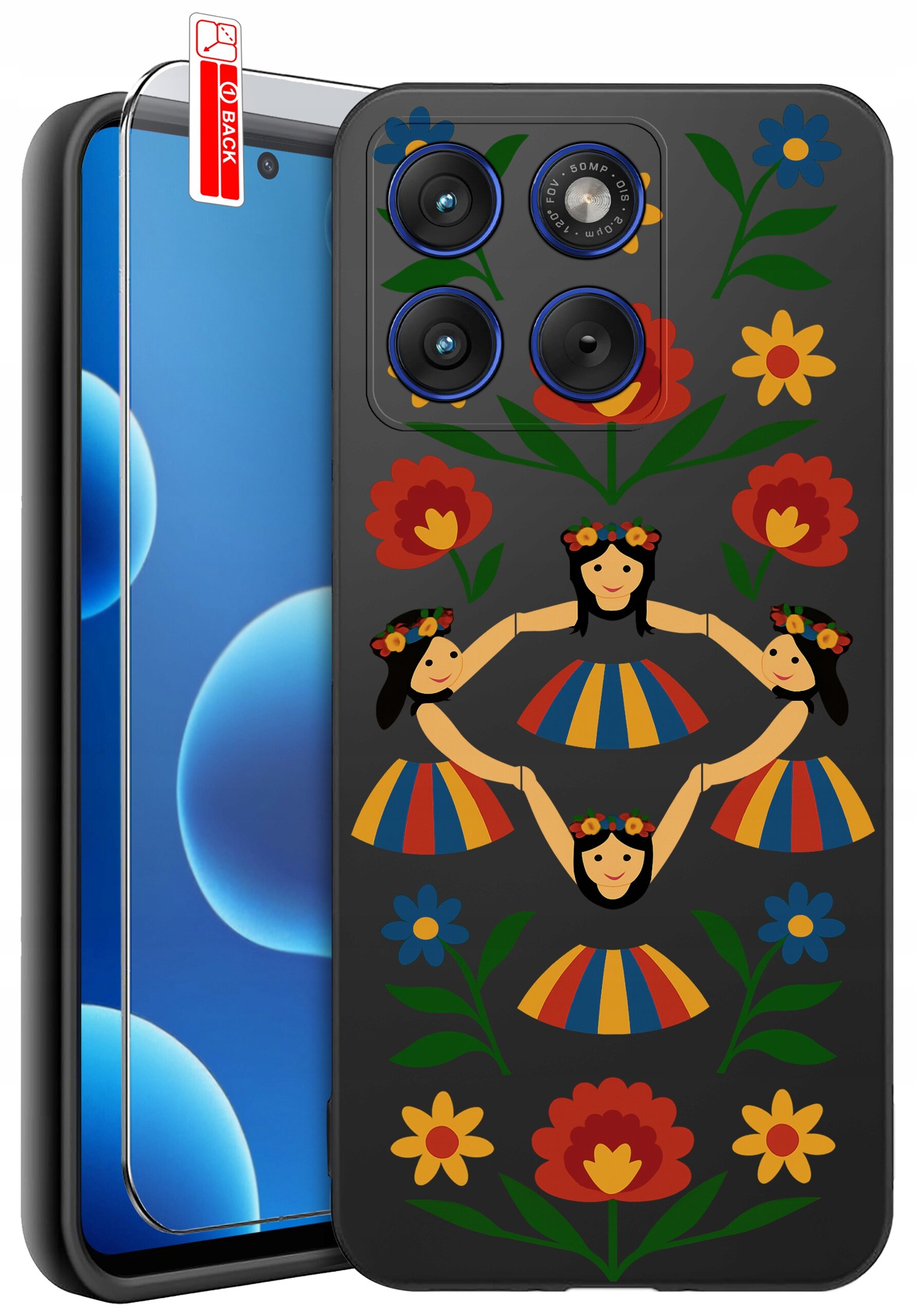 Etui na telefon z kolorowym wzorem przedstawiającym postacie w strojach ludowych i kwiaty. Obok etui znajduje się szkło ochronne z napisem \'BACK\'.