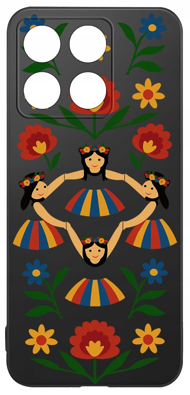 Etui na telefon z kolorowym wzorem przedstawiającym postacie w tradycyjnych strojach oraz kwiaty na czarnym tle. W górnej części znajduje się wycięcie na aparat z czterema otworami.