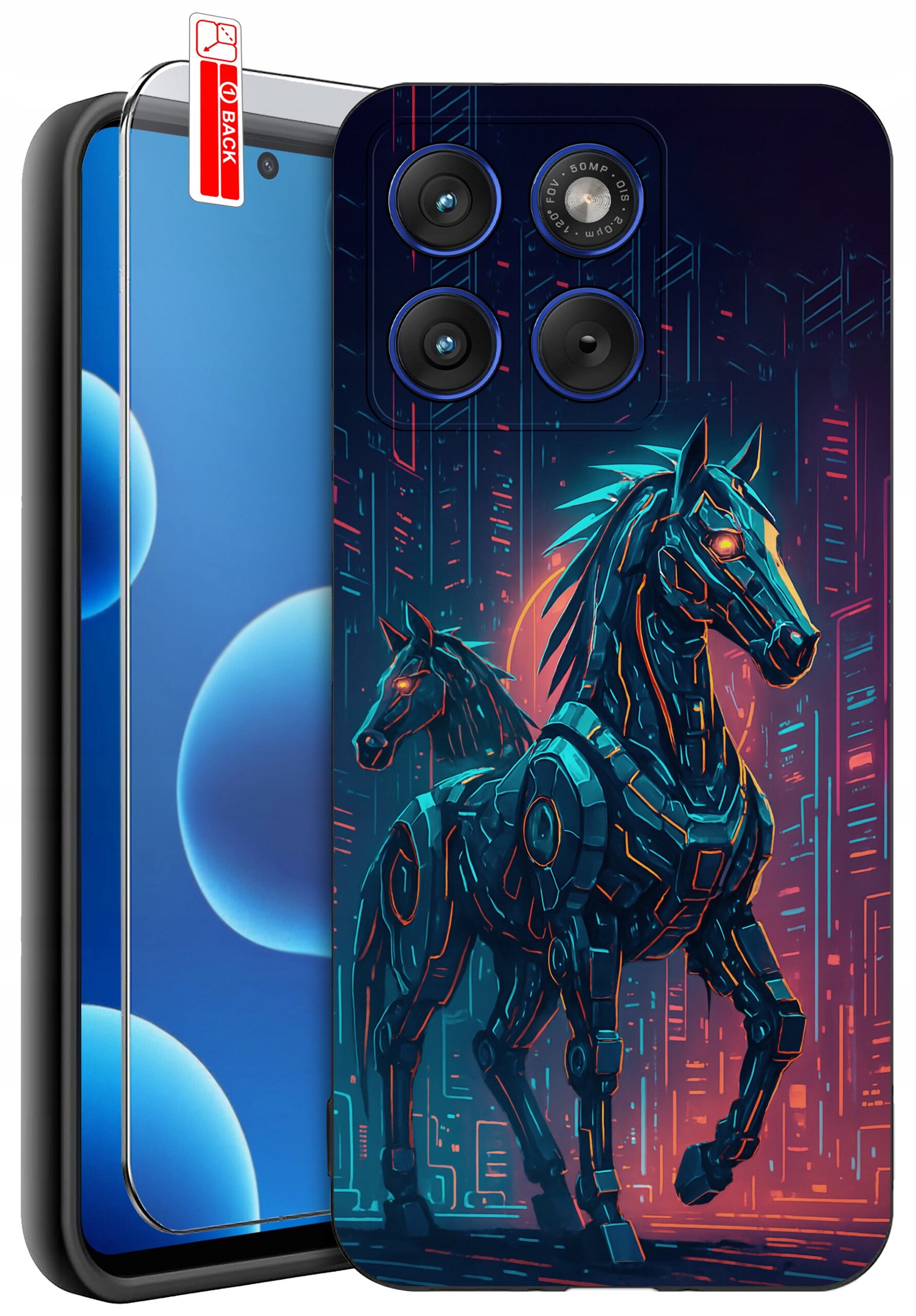 Etui na telefon z grafiką przedstawiającą dwa futurystyczne konie w stylu cyberpunkowym. Obok etui znajduje się szkło ochronne z oznaczeniem \'BACK\'.