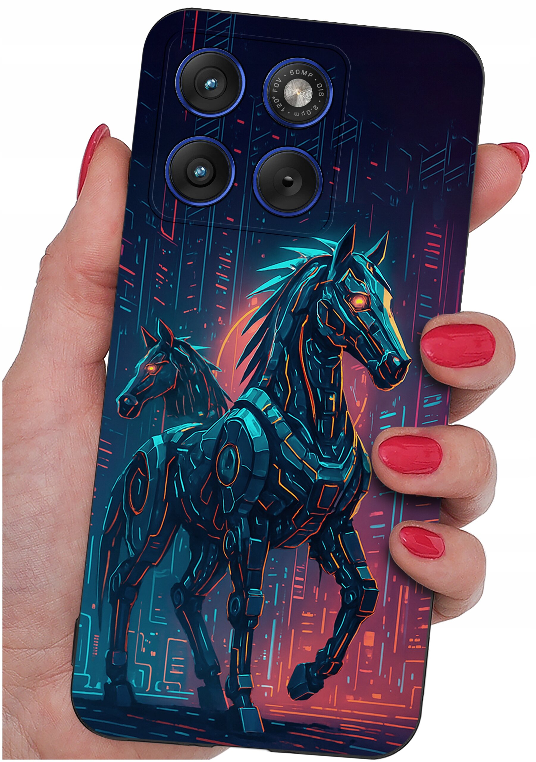 Etui na telefon z grafiką przedstawiającą dwa futurystyczne konie w stylu cyberpunkowym. W tle widoczne są abstrakcyjne wzory przypominające miasto nocą.