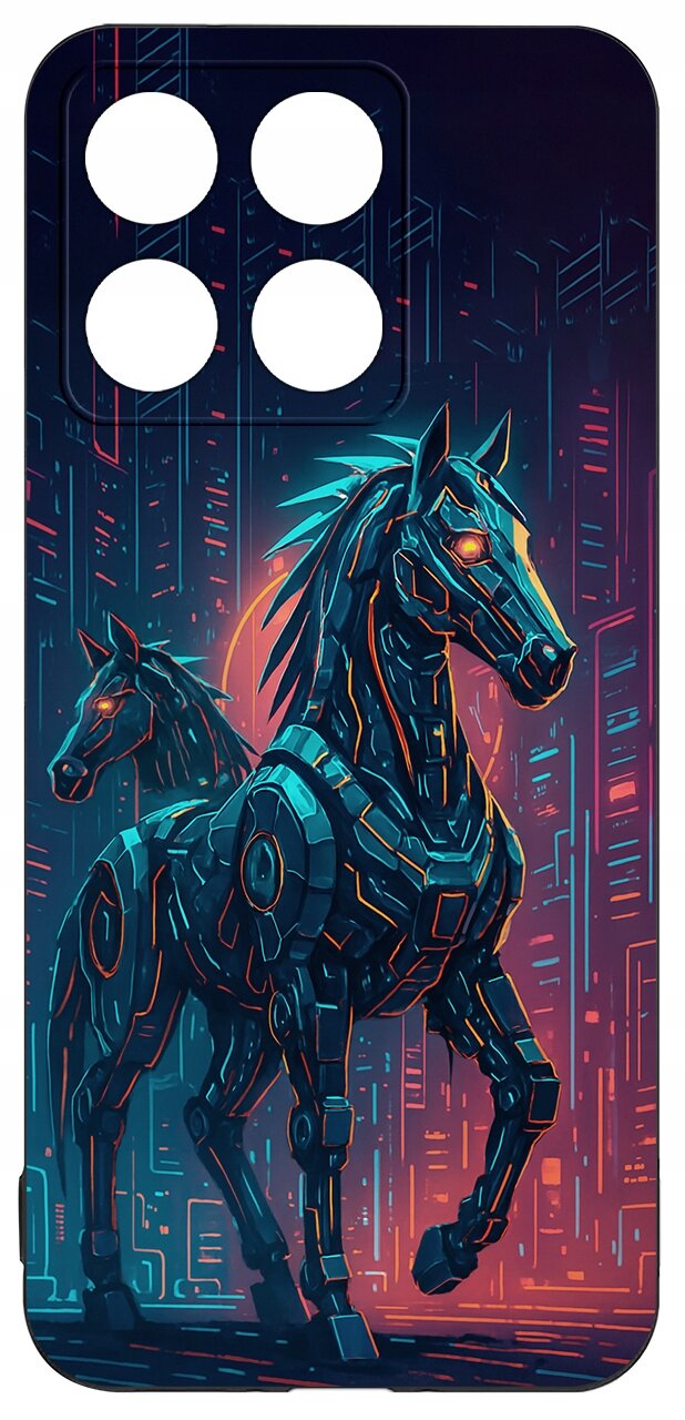 Etui na telefon z grafiką przedstawiającą dwa futurystyczne konie w stylu cyberpunkowym, na tle neonowego miasta.