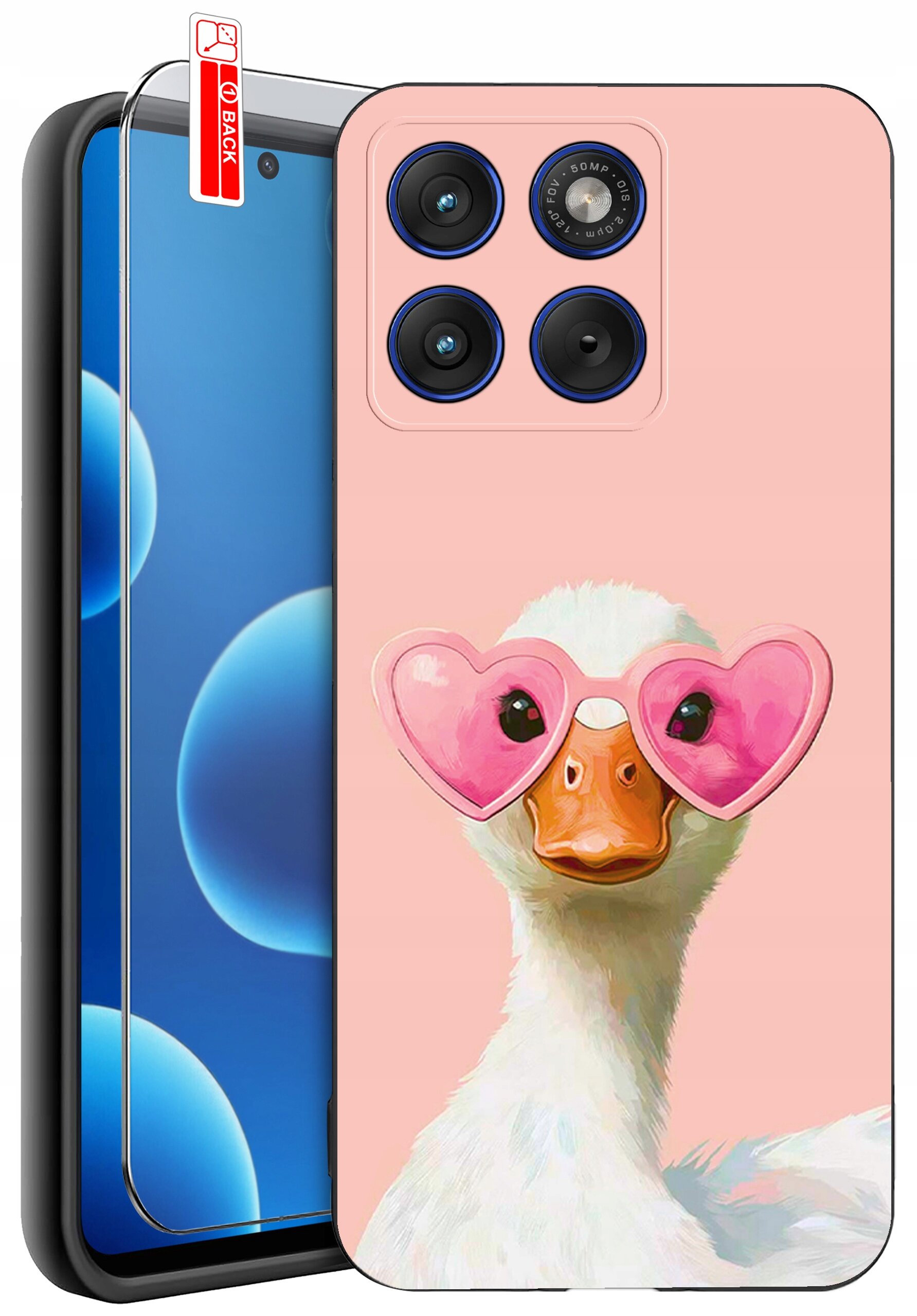 Etui na telefon z nadrukiem kaczki w różowych okularach w kształcie serc. Obok znajduje się szkło ochronne z napisem \'BACK\'.