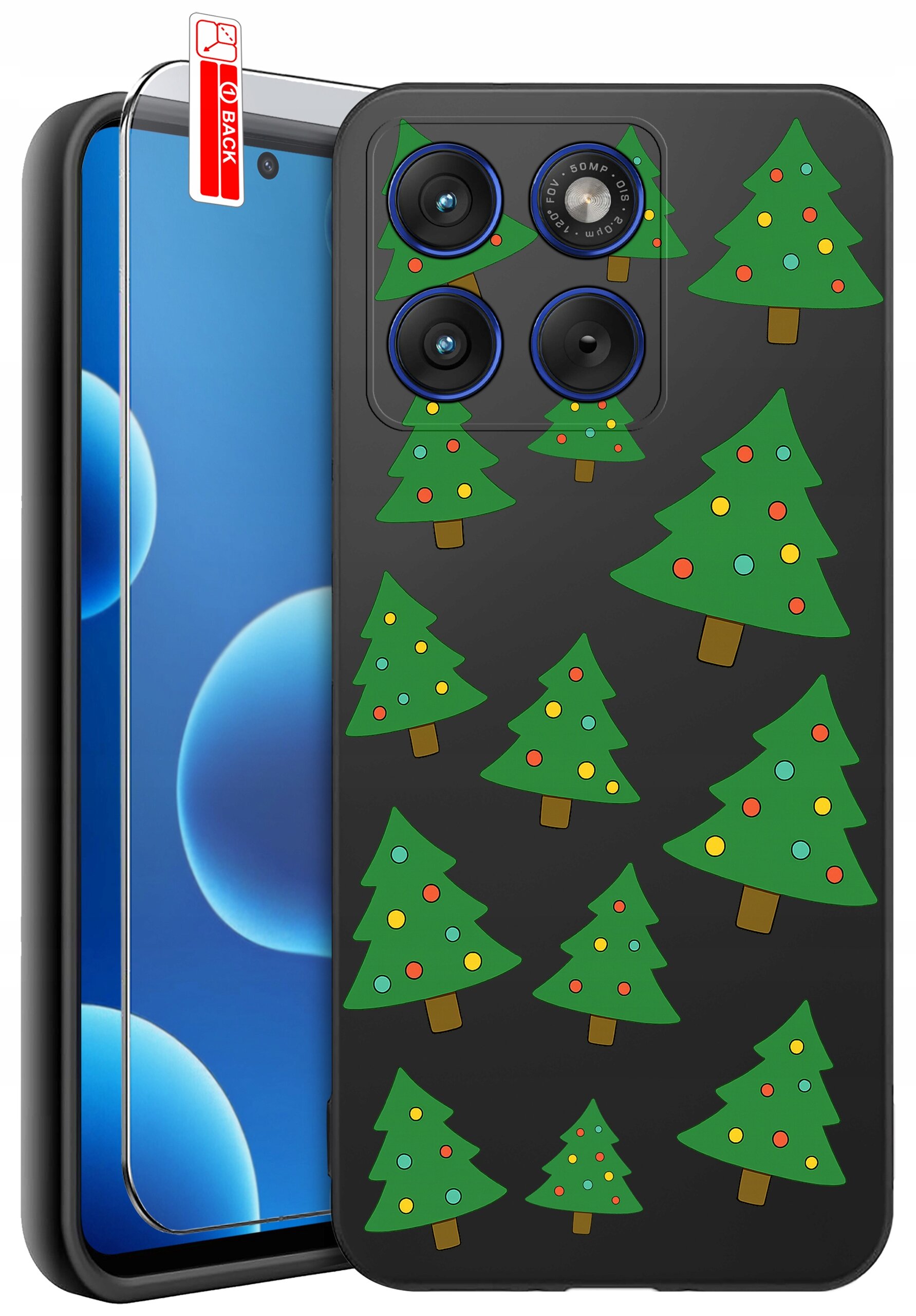 Etui na telefon z wzorem choinek, obok którego znajduje się szkło ochronne z napisem \'BACK\'.