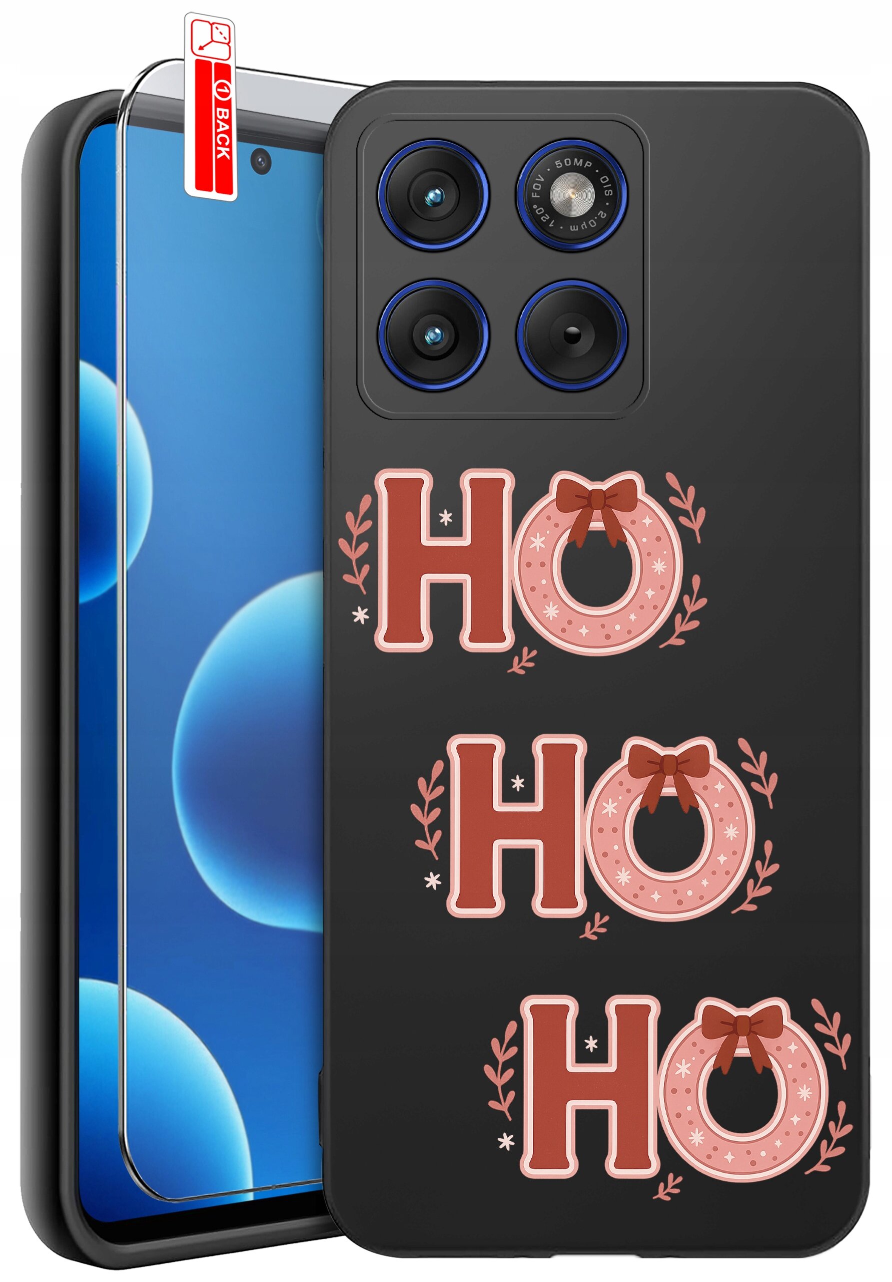 Na obrazie widoczne jest czarne etui na telefon z trzema napisami \'HO HO HO\' ozdobionymi czerwonymi kokardkami i gałązkami. Obok etui znajduje się szkło ochronne z etykietą \'BACK\'.