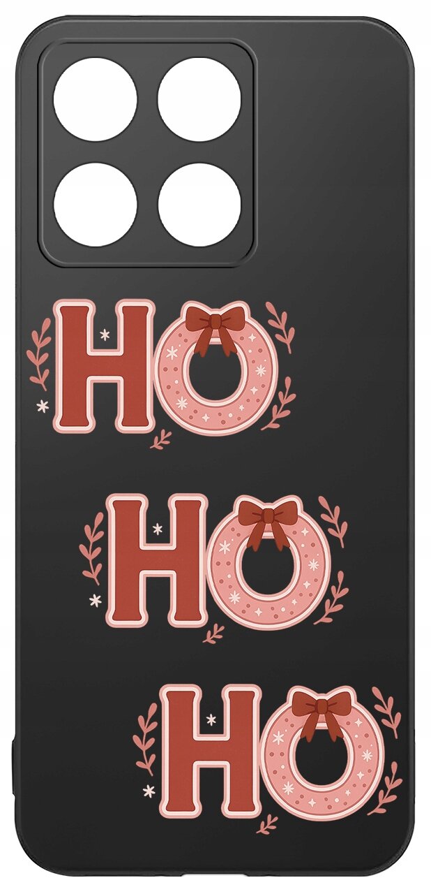 Czarne etui z trzema napisami \'HO HO HO\' w kolorze czerwonym i różowym, ozdobionymi kokardkami i gałązkami. W górnej części widoczne są cztery okrągłe otwory na aparat.