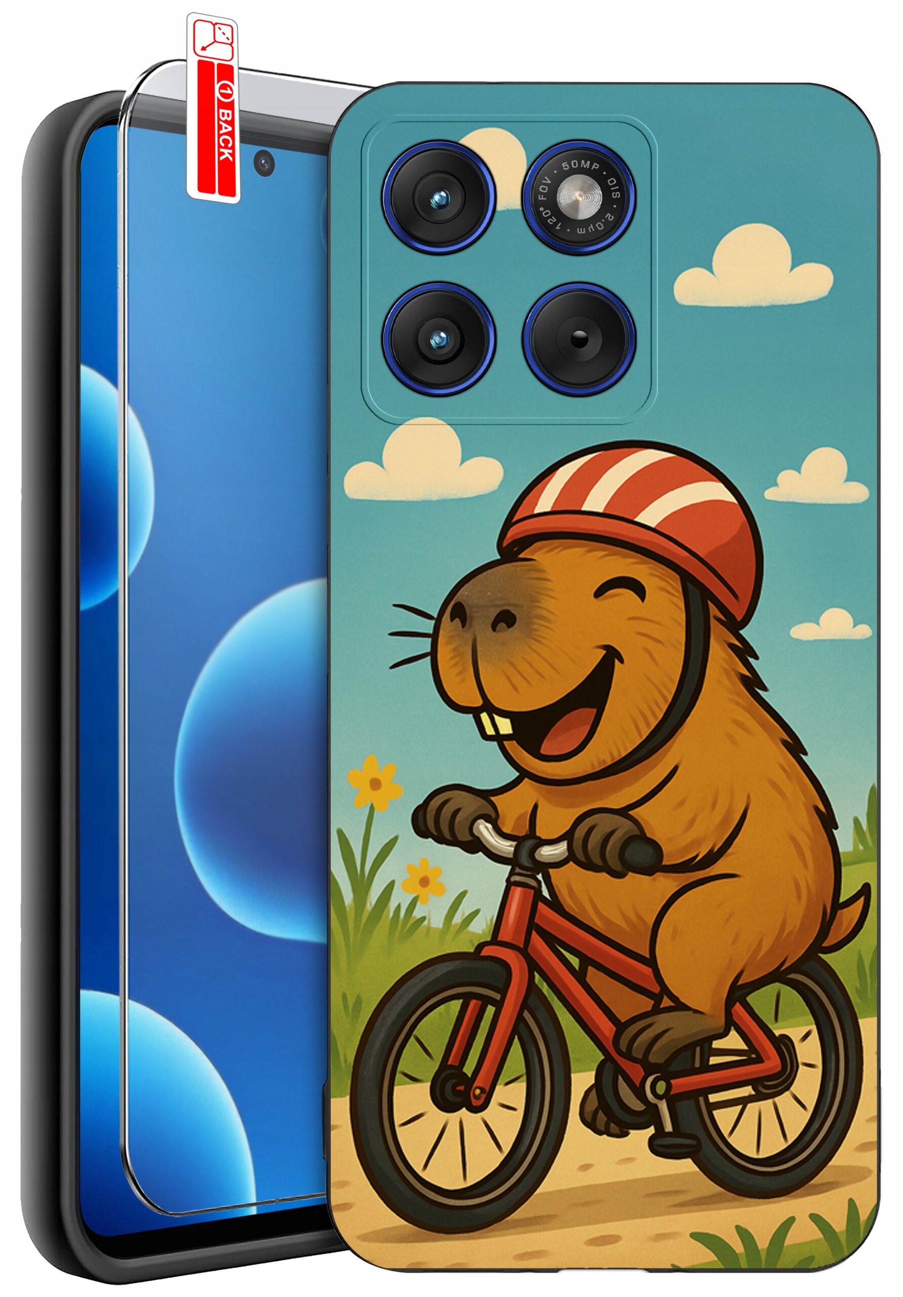 Etui na telefon z kolorowym wzorem przedstawiającym uśmiechniętego zwierzaka na rowerze w kasku. Obok etui znajduje się szkło ochronne z napisem \'BACK\'.