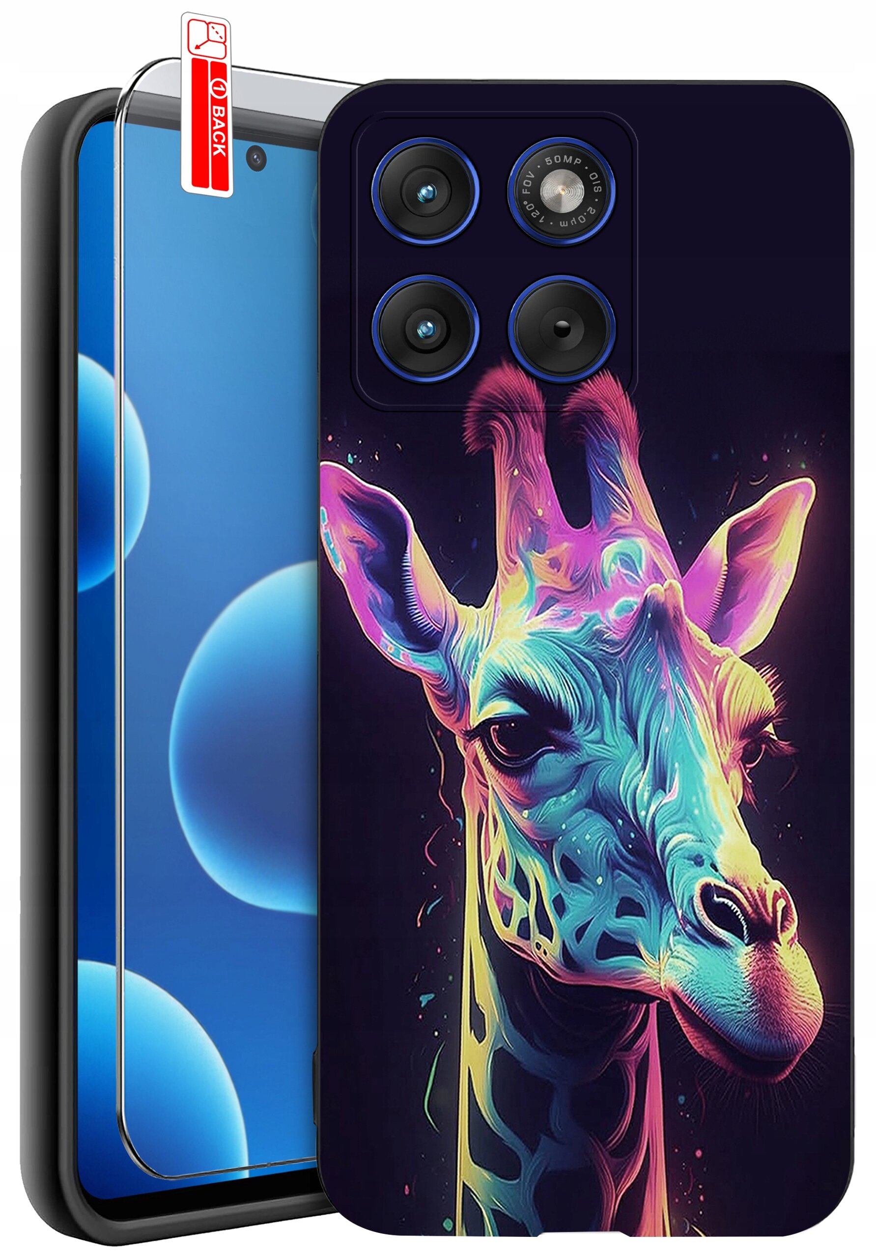 Etui na telefon z kolorowym wzorem żyrafy, obok którego znajduje się szkło ochronne z napisem \'BACK\'.