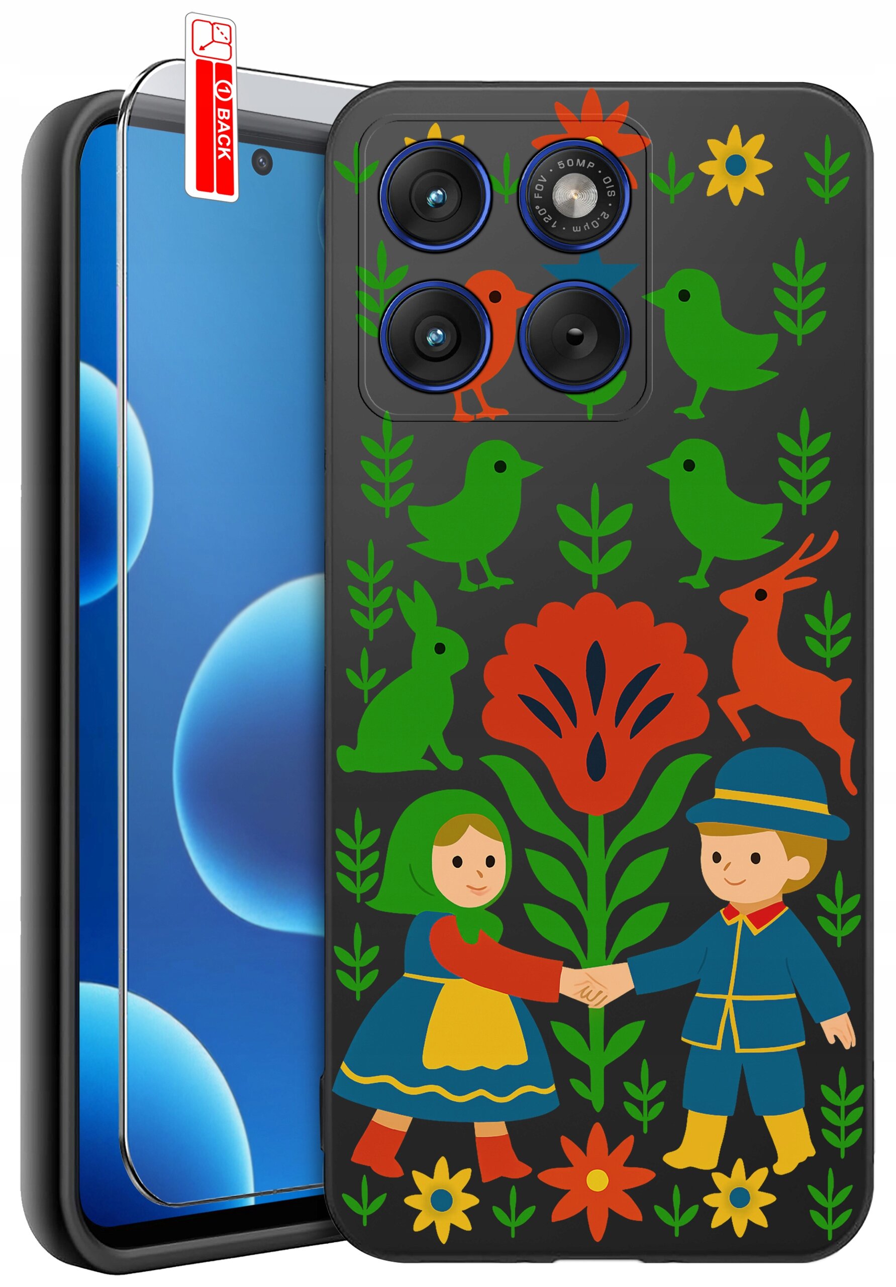 Etui na telefon z kolorowym wzorem przedstawiającym postacie, zwierzęta i rośliny na ciemnym tle. Obok etui znajduje się szkło ochronne z napisem \'BACK\'.