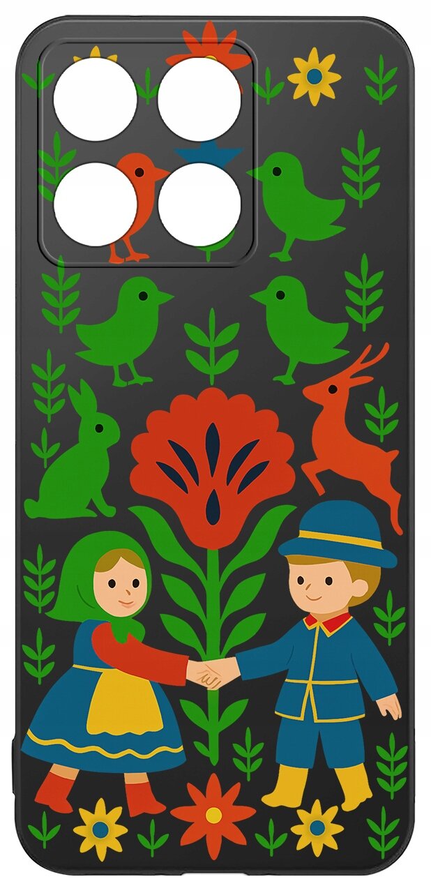 Etui na telefon z kolorowym wzorem przedstawiającym postacie w tradycyjnych strojach, otoczone kwiatami i zwierzętami na czarnym tle.