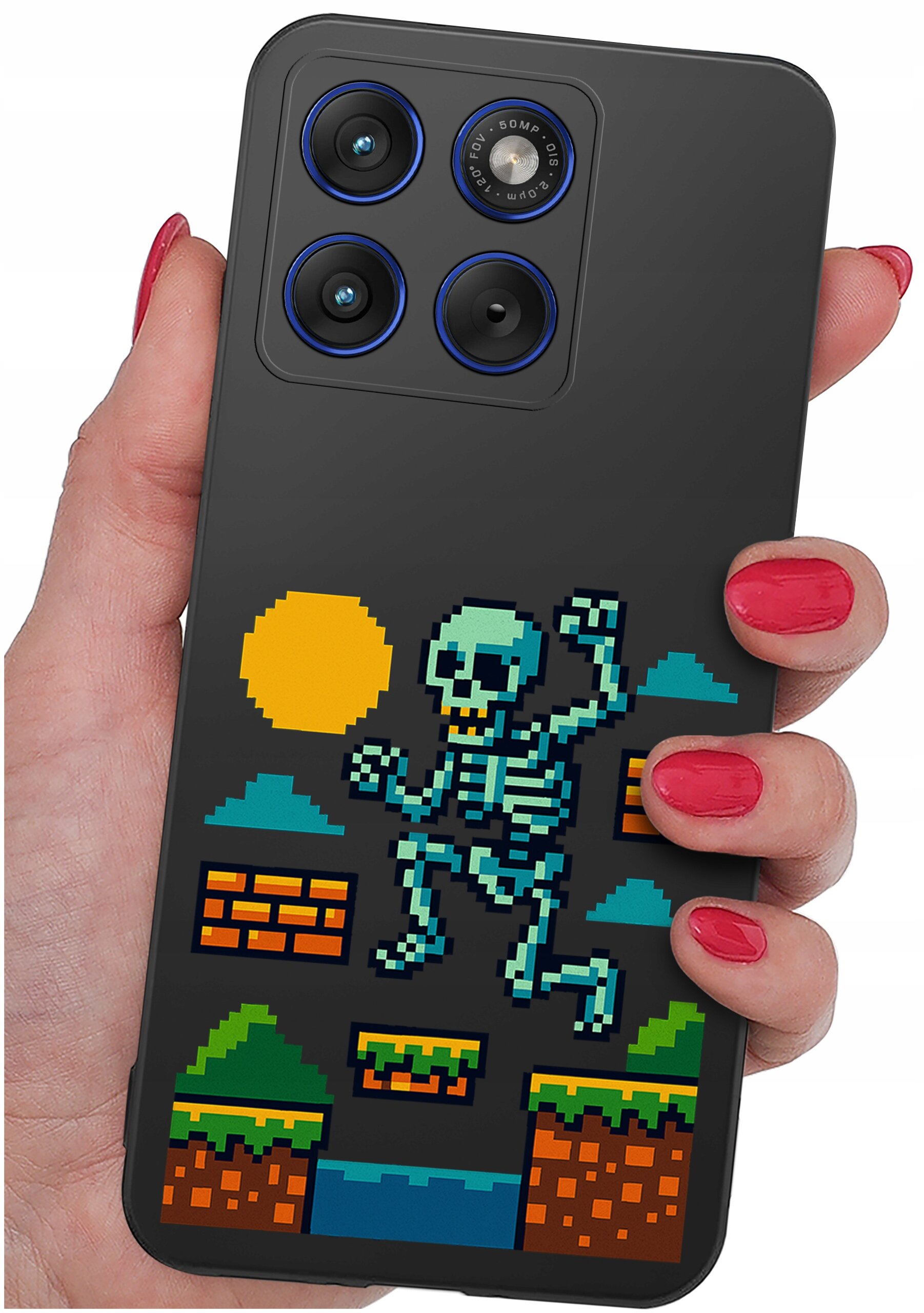 Etui na telefon z grafiką przedstawiającą pikselowego szkielet skaczącego po platformach w stylu retro. W tle widoczne są elementy krajobrazu, takie jak słońce i chmury.