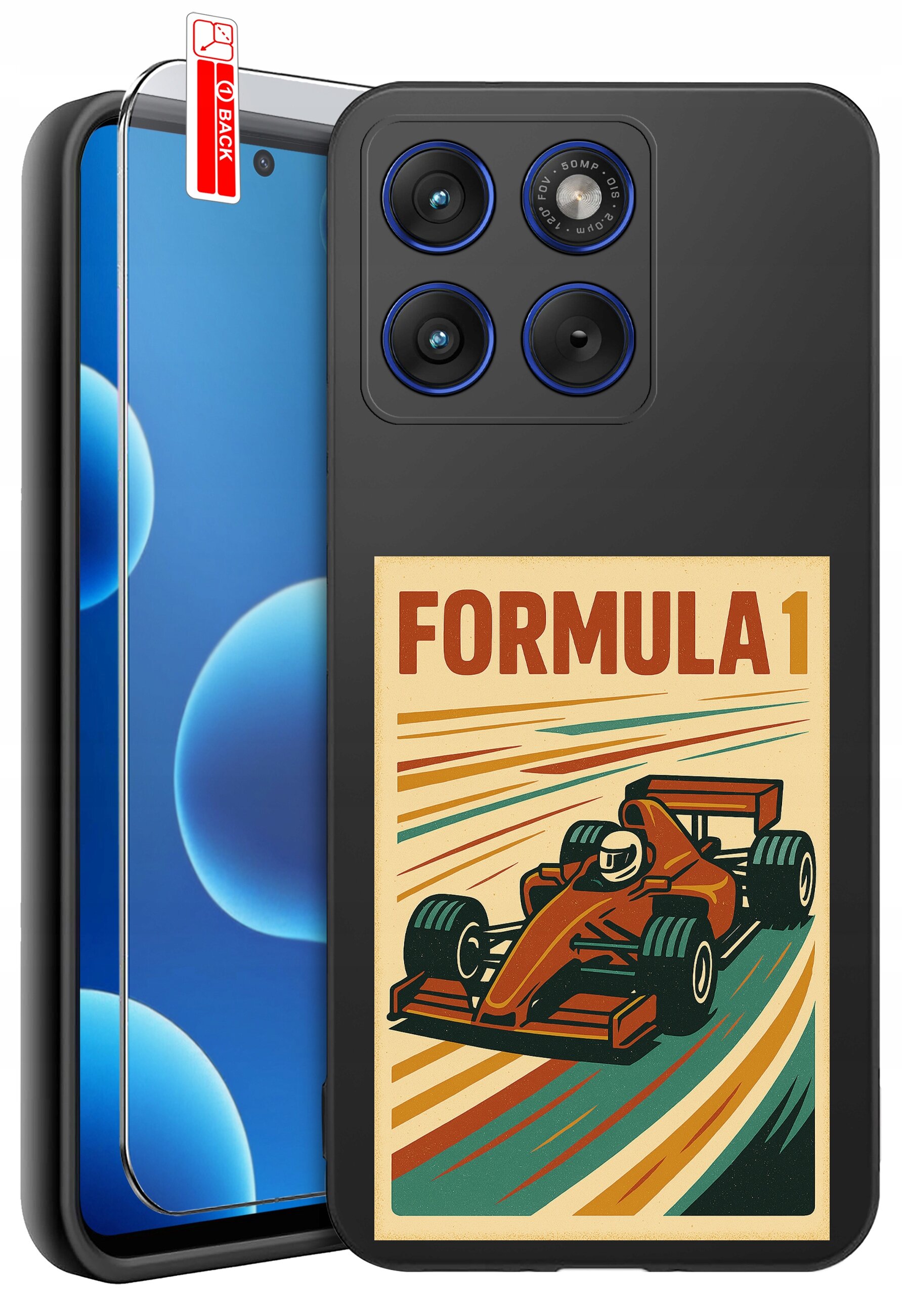 Etui na telefon z grafiką przedstawiającą samochód wyścigowy i napisem \'FORMULA 1\'. Obok etui znajduje się szkło ochronne z oznaczeniem \'BACK\'.