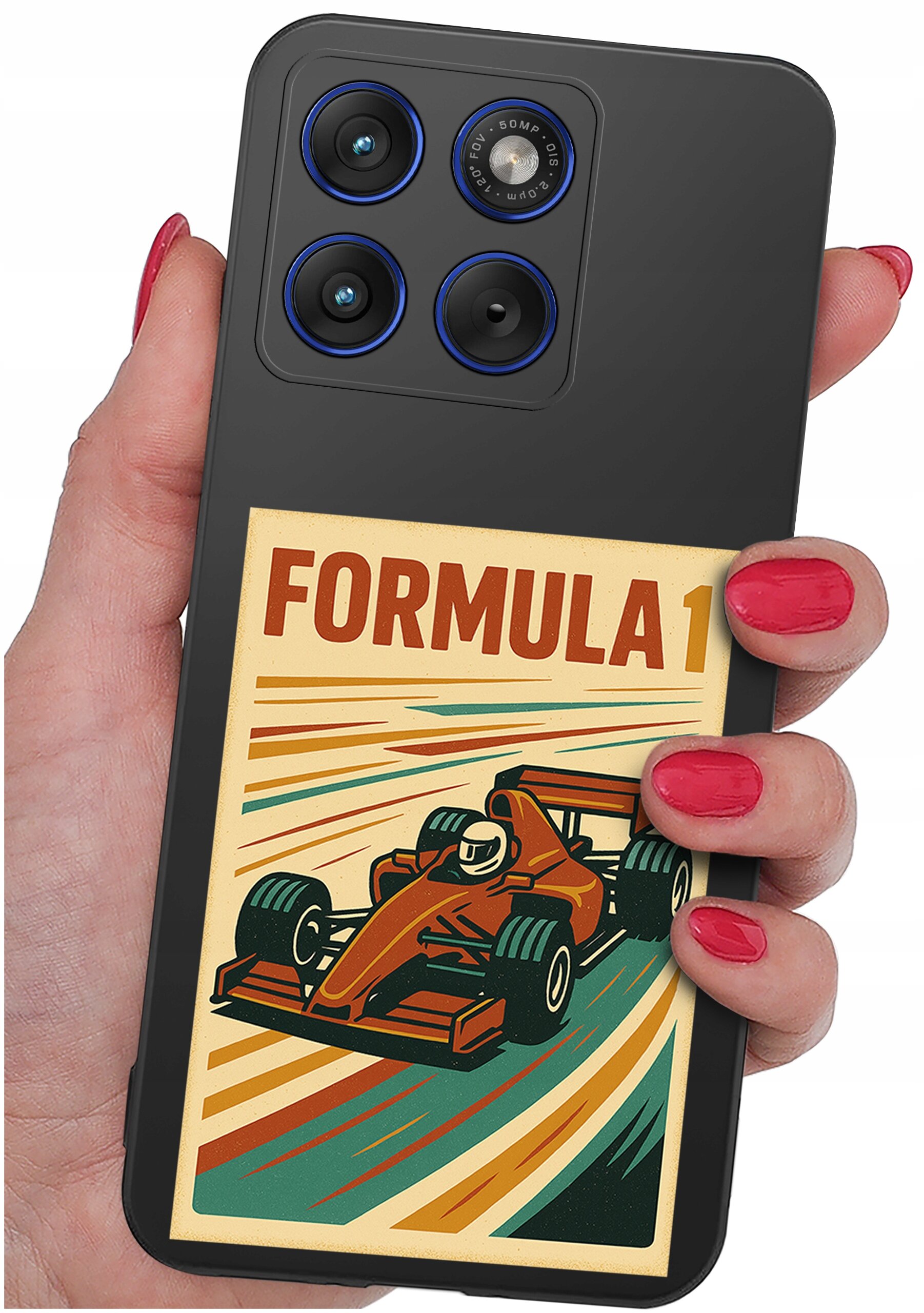 Osoba trzyma telefon z etui, na którym znajduje się grafika przedstawiająca samochód wyścigowy i napis \'FORMULA 1\'.