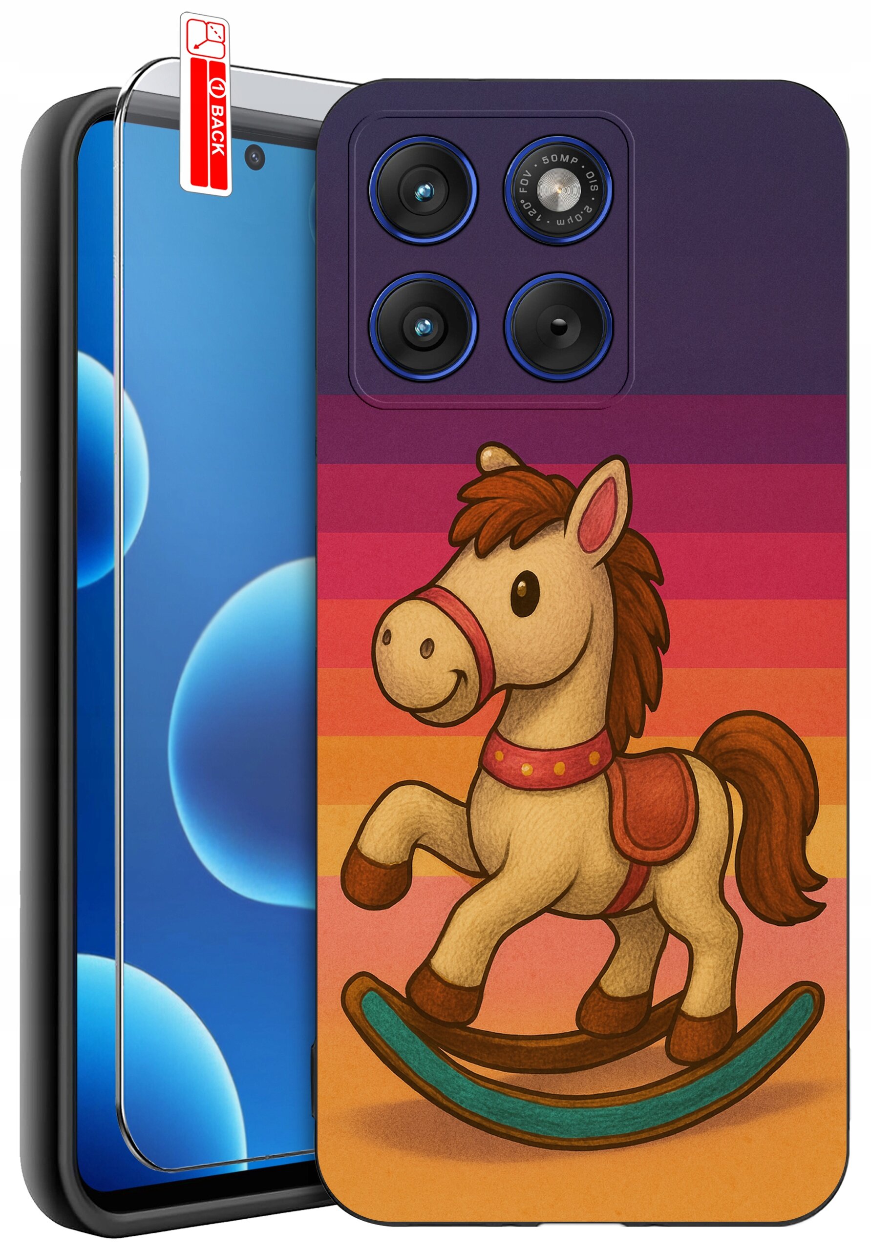 Etui na telefon z kolorowym wzorem konika na biegunach, obok widoczna jest szybka ochronna z napisem \'BACK\'.