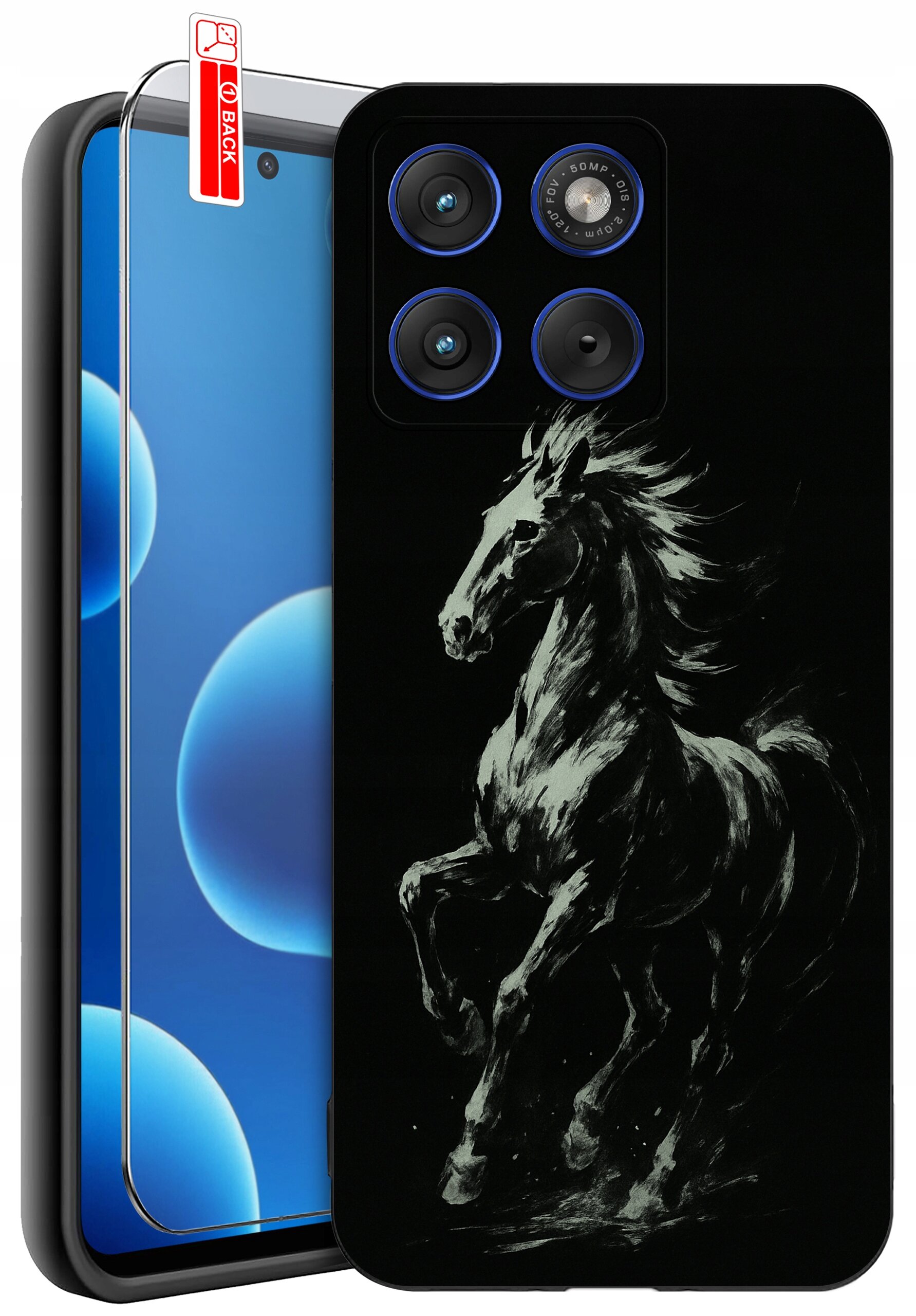 Obraz przedstawia etui na telefon z grafiką galopującego konia na czarnym tle. Obok znajduje się telefon z nałożonym szkłem ochronnym, oznaczonym etykietą \'BACK\'.