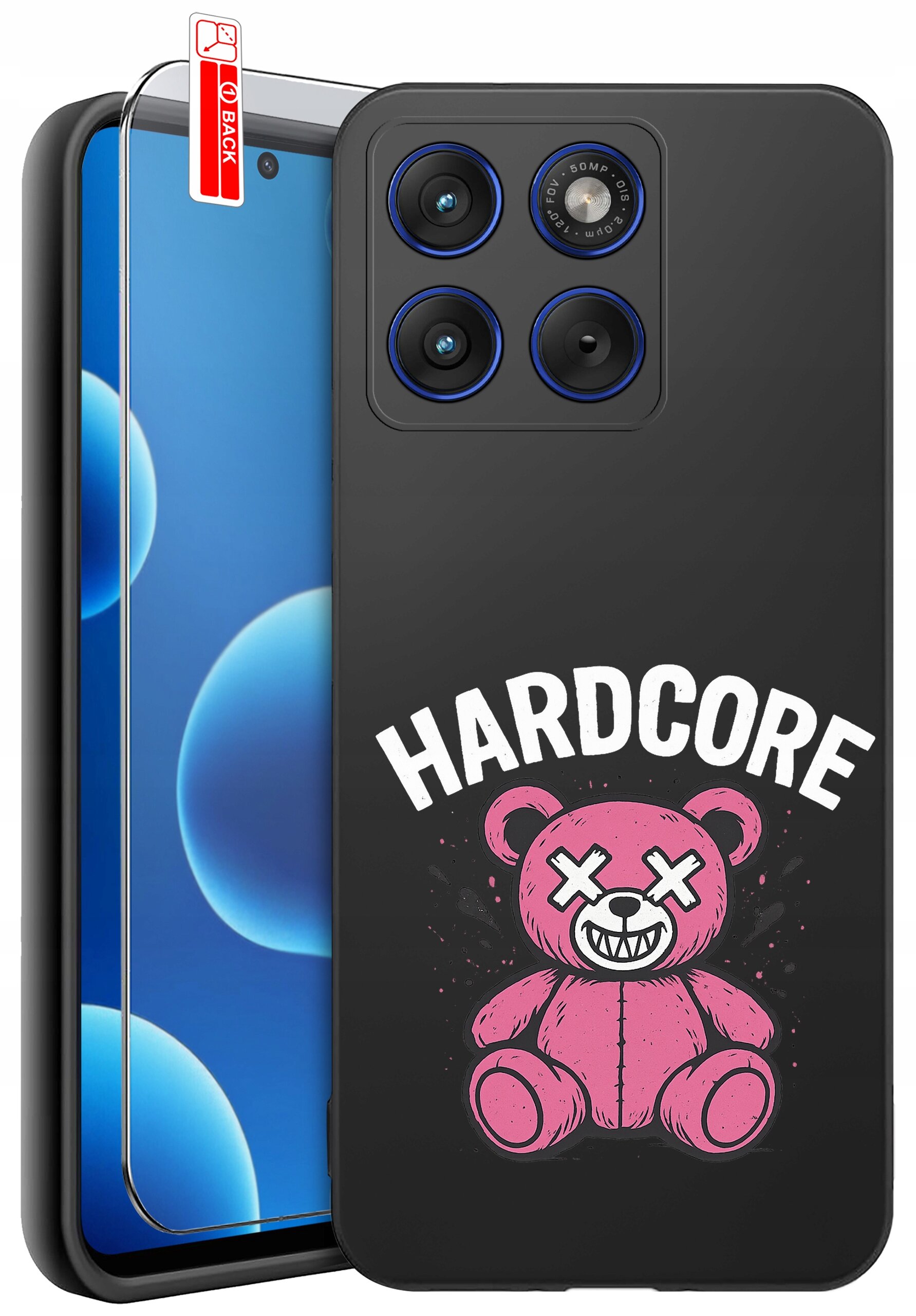 Na obrazie widoczne jest czarne etui na telefon z nadrukiem różowego misia z krzyżykami zamiast oczu i napisem \'HARDCORE\'. Obok etui znajduje się szkło ochronne z oznaczeniem \'BACK\'.