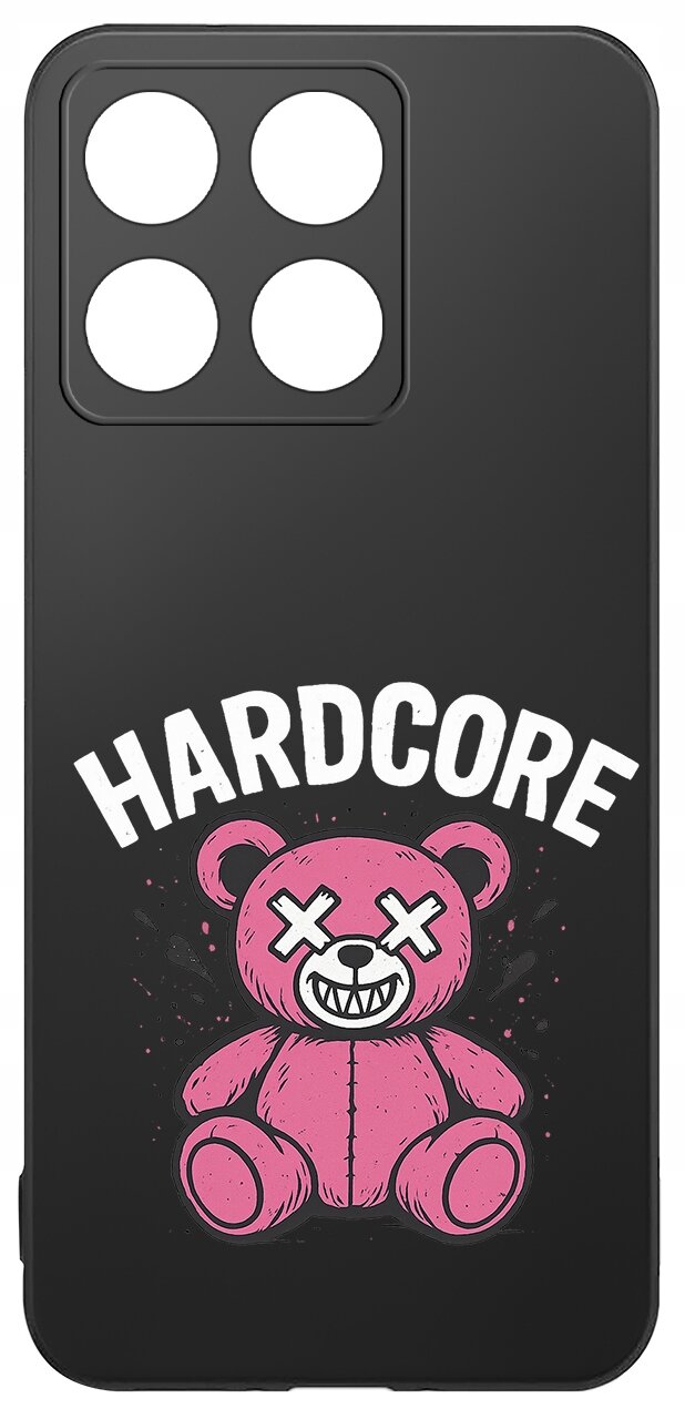 Czarne etui z nadrukiem różowego misia z zamkniętymi oczami w kształcie krzyżyków oraz napisem \'HARDCORE\' powyżej. Etui posiada wycięcia na cztery obiektywy aparatu.
