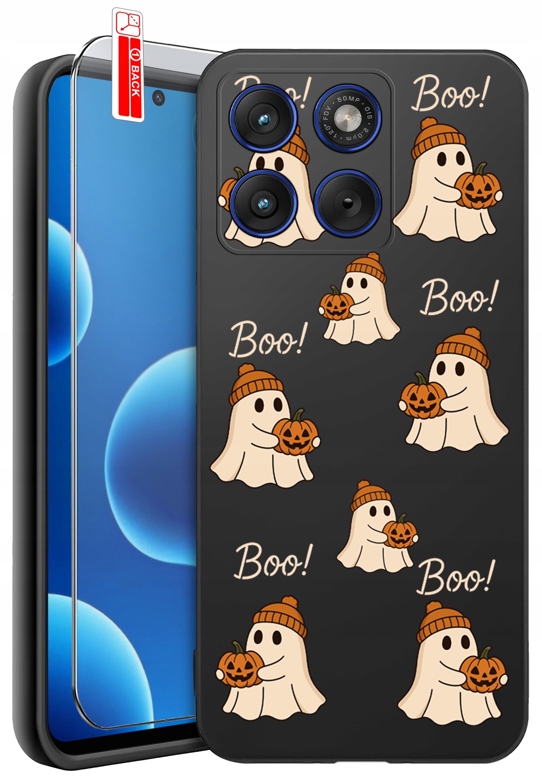 Etui na telefon z motywem duchów trzymających dynie i napisem \'Boo!\' na czarnym tle. Obok etui znajduje się szkło ochronne z oznaczeniem \'BACK\'.