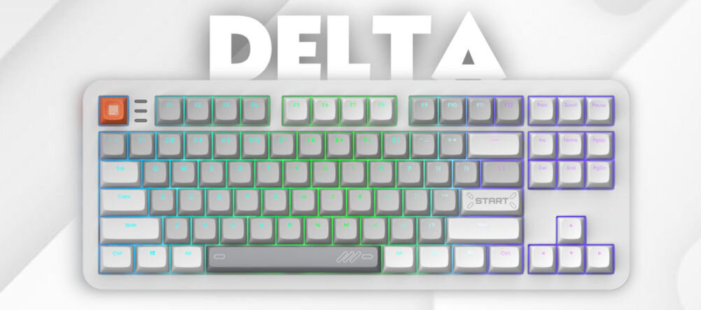 Na obrazie widoczna jest klawiatura z podświetleniem RGB, z dużym napisem \'DELTA\' w tle. Klawisz \'START\' jest wyróżniony, a jeden z klawiszy ma pomarańczowy kolor.