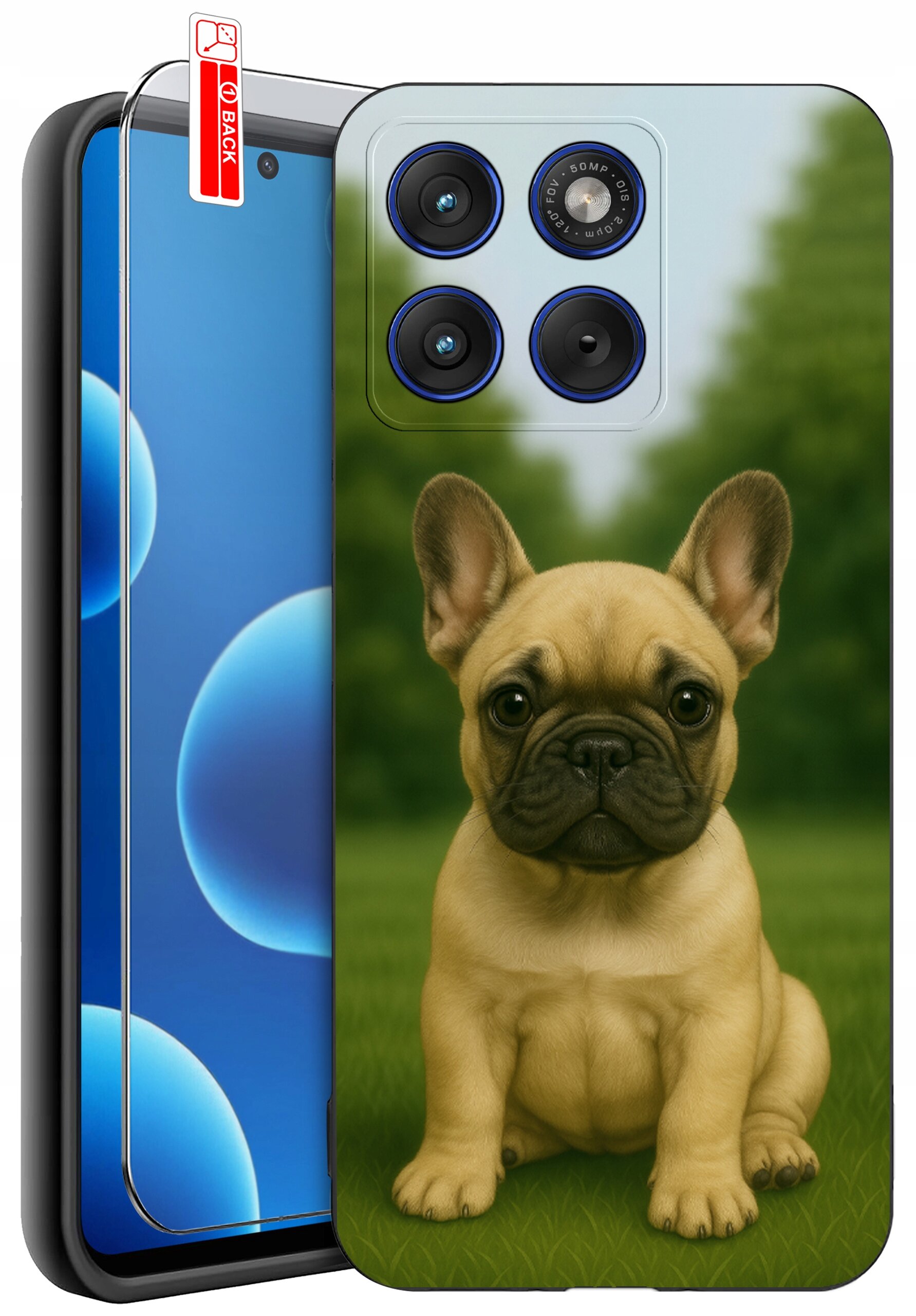 Etui na telefon z nadrukiem psa siedzącego na trawie oraz szkło ochronne z napisem \'BACK\'.