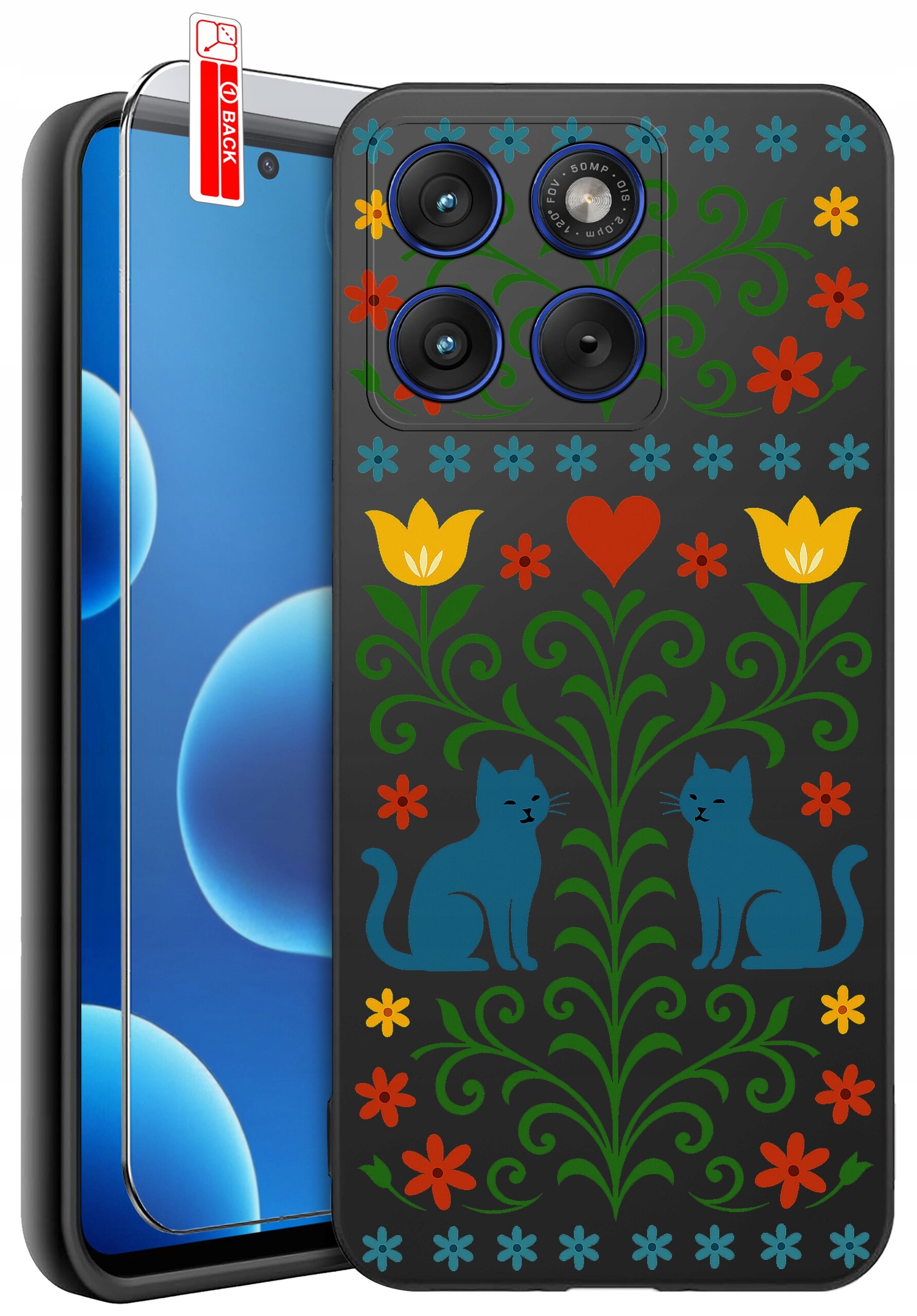 Etui na telefon z kolorowym wzorem przedstawiającym dwa niebieskie koty, kwiaty i serce na ciemnym tle. Obok etui znajduje się szkło ochronne z oznaczeniem \'BACK\'.